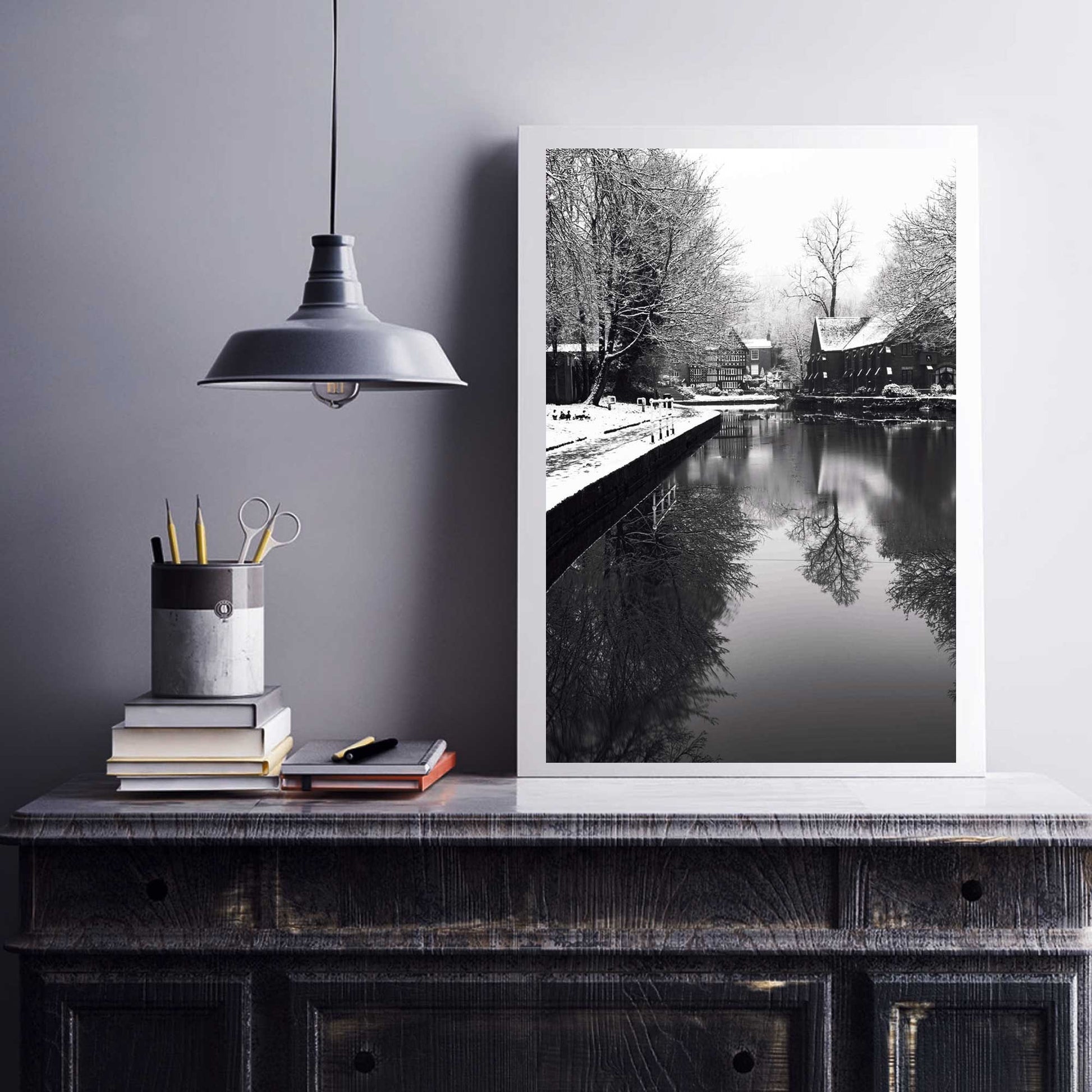 Richard Abram Photography - Black and White Winter Photo of the Packet House on Worsley Canal, Manchester UK Winter Photographic Fine Art Print A4, A3, A2