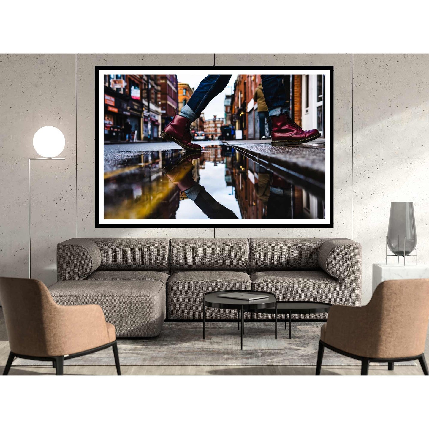 Richard Abram Photography - Street Photography Red Boots Reflection in a puddle with yellow lines leading into the distance. Digital Photography Fine Art Print A4, A3, A2