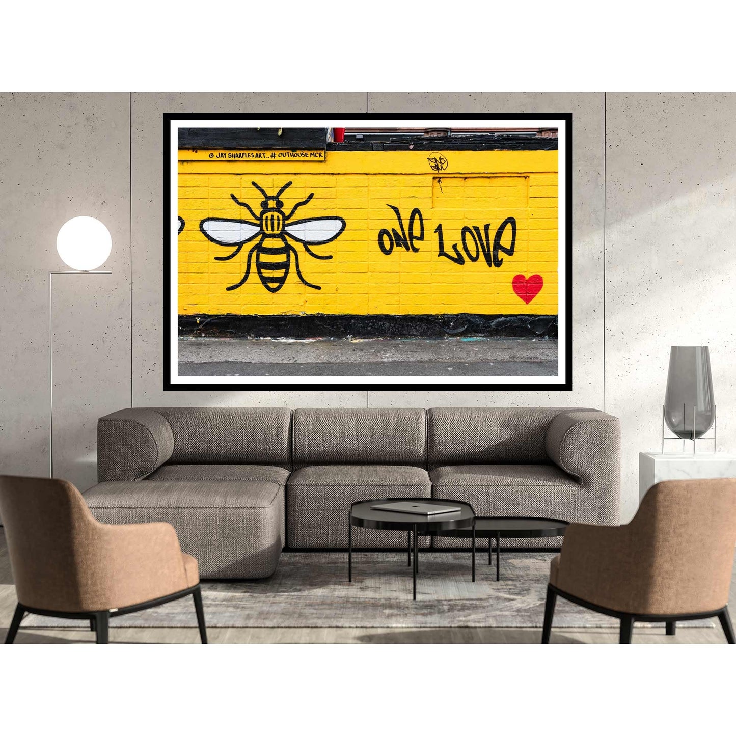 Richard Abram Photography - Photographic print of One Love Manchester Bee Mural Street Photograph, taken in Manchester, England, UK.