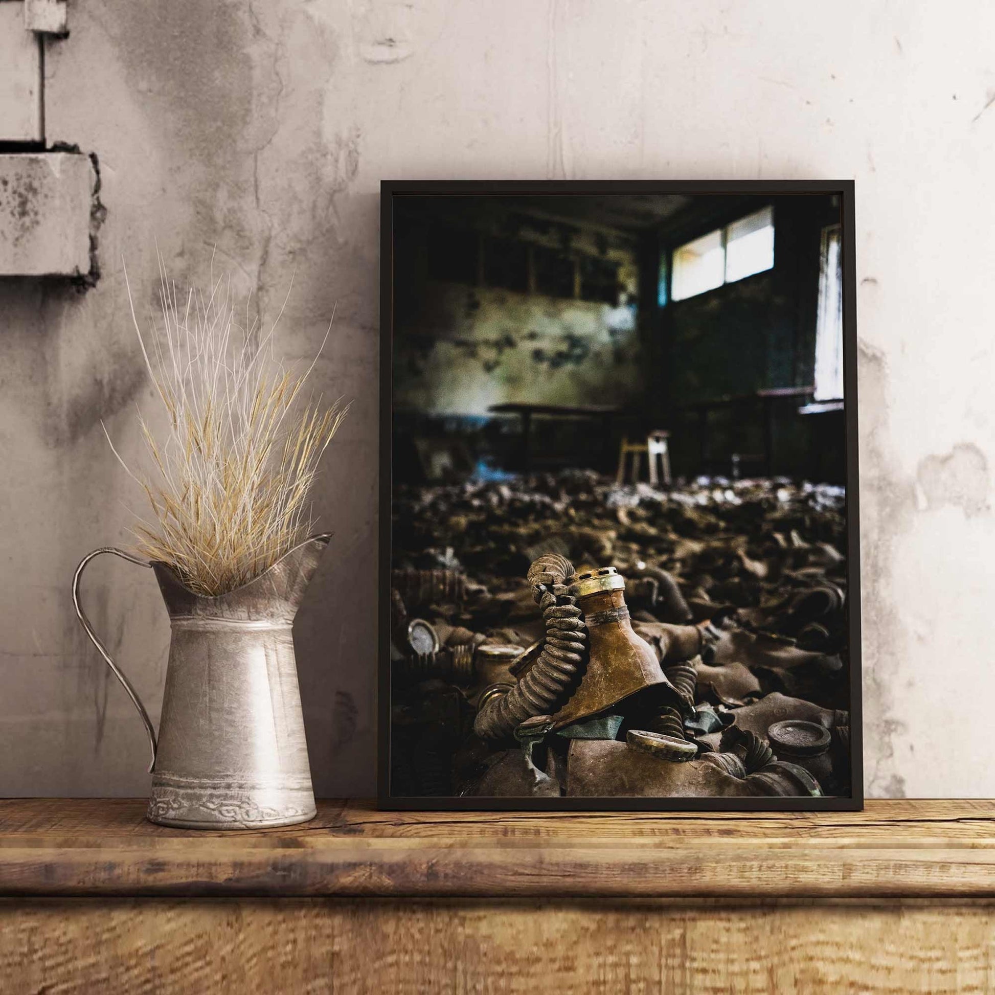 Richard Abram Photography - Photographic print of urbex photography taken in Pripyat, Chernobyl, Ukraine.
Image shows gas masks covering the floor.