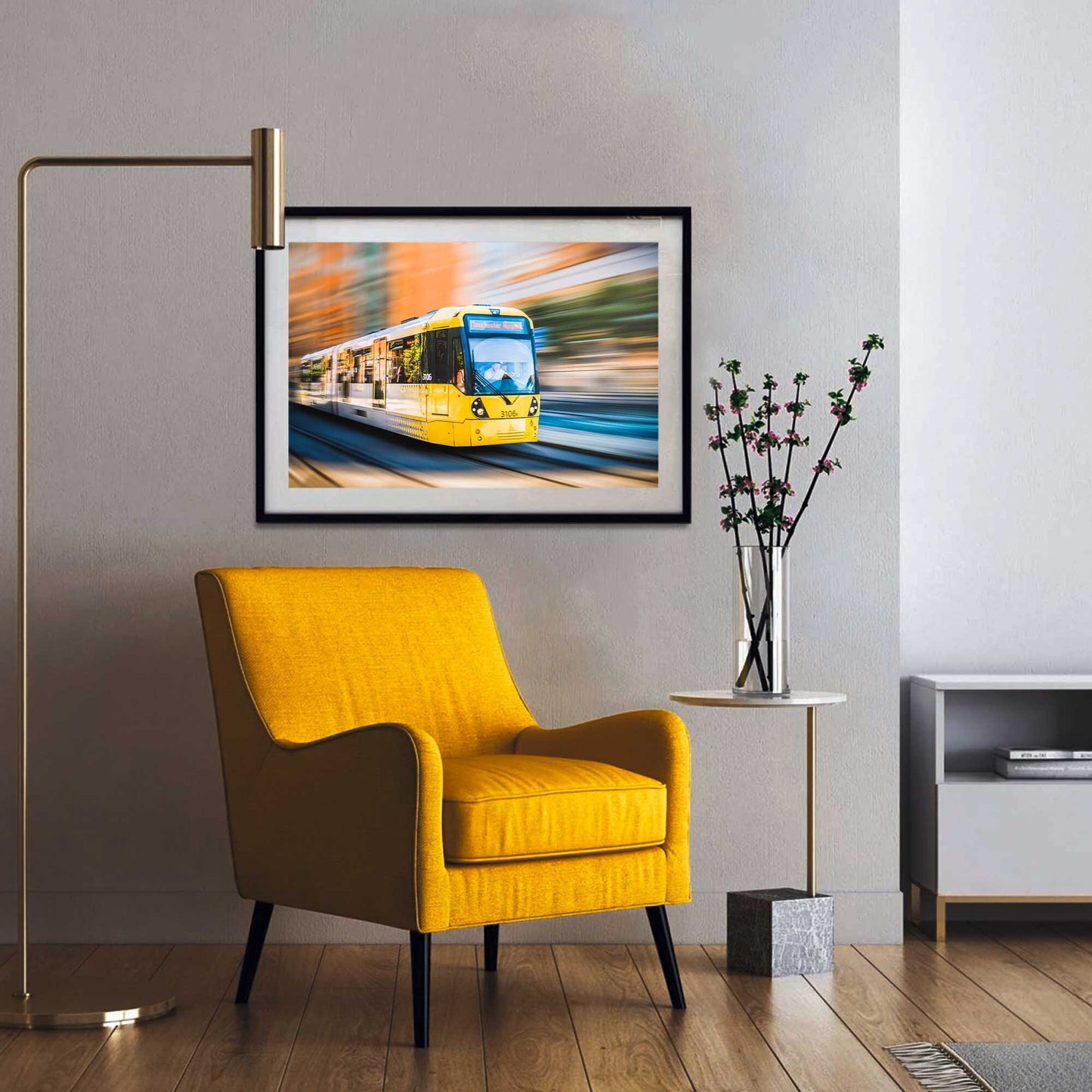 Richard Abram Photography - Photographic print of Manchester Tram with motion blur effect making the tram look like it is speeding, taken in Manchester, England, UK.