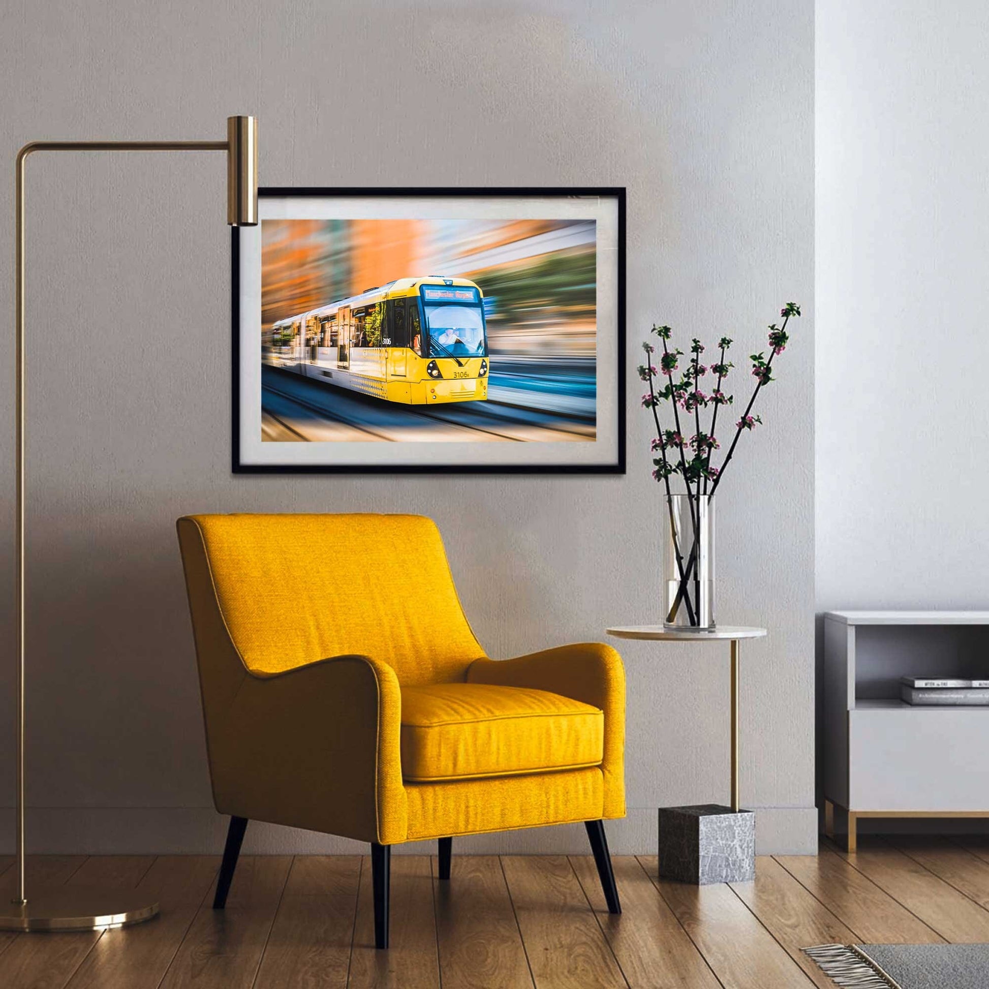 Richard Abram Photography - Photographic print of Manchester Tram with motion blur effect making the tram look like it is speeding, taken in Manchester, England, UK.