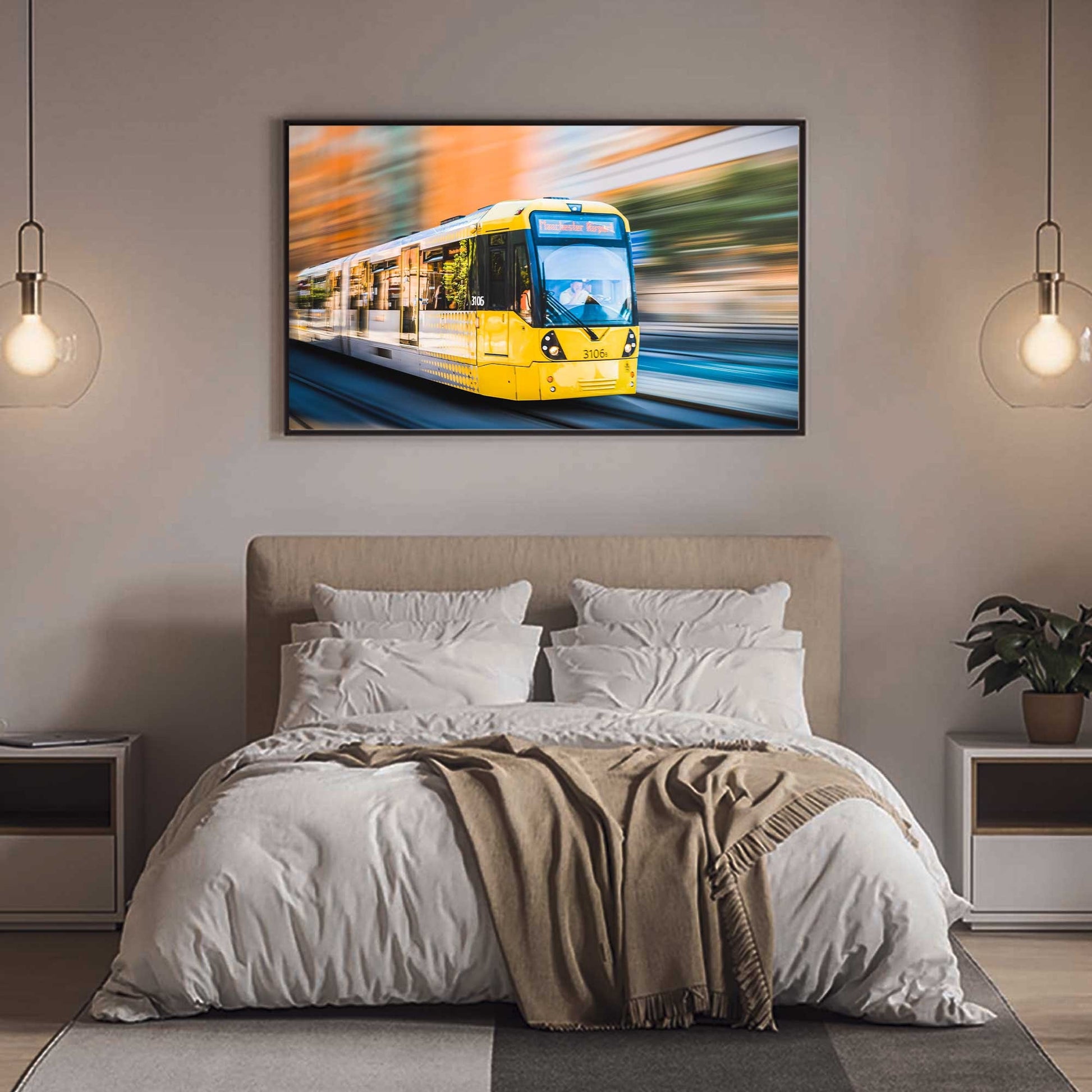 Richard Abram Photography - Photographic print of Manchester Tram with motion blur effect making the tram look like it is speeding, taken in Manchester, England, UK.