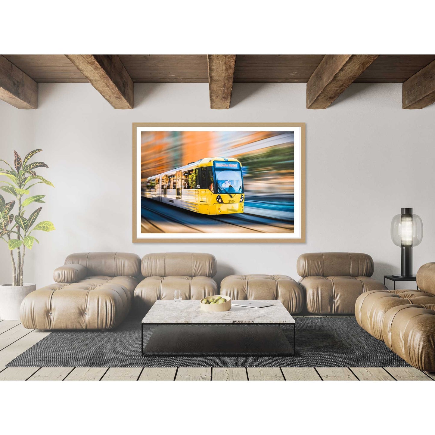 Richard Abram Photography - Photographic print of Manchester Tram with motion blur effect making the tram look like it is speeding, taken in Manchester, England, UK.