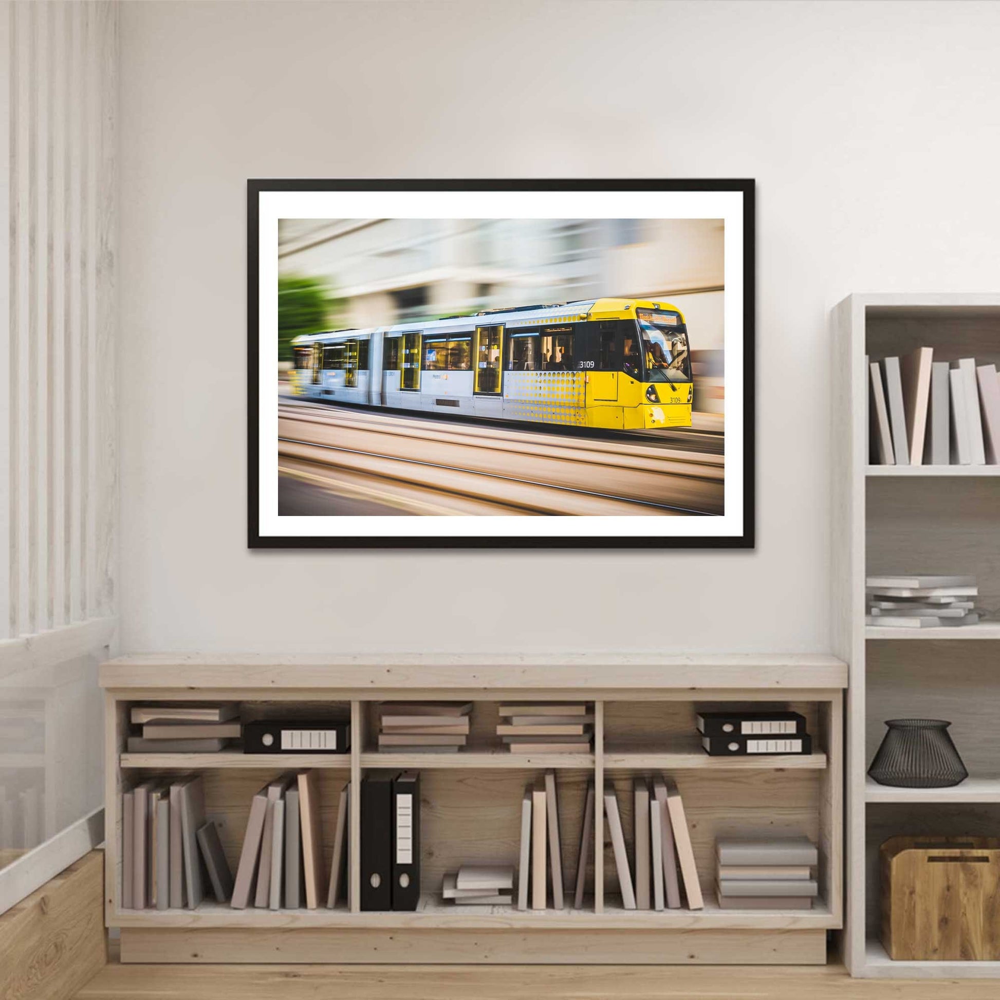 Richard Abram Photography - Photographic print of Manchester Tram with motion blur effect making the tram look like it is speeding, taken in Manchester, England, UK.