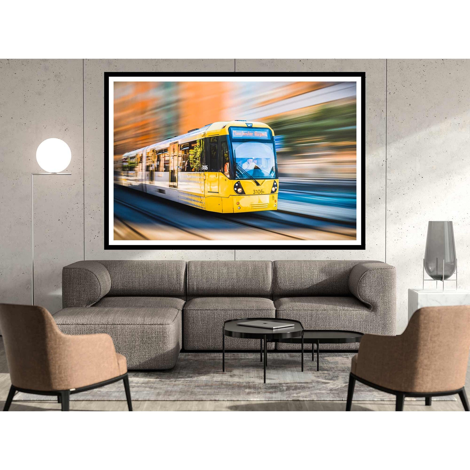 Richard Abram Photography - Photographic print of Manchester Tram with motion blur effect making the tram look like it is speeding, taken in Manchester, England, UK.