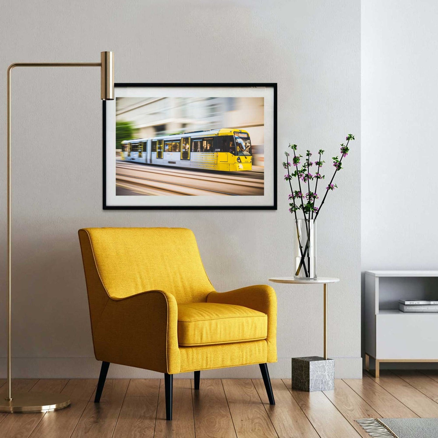 Richard Abram Photography - Photographic print of Manchester Tram with motion blur effect making the tram look like it is speeding, taken in Manchester, England, UK.