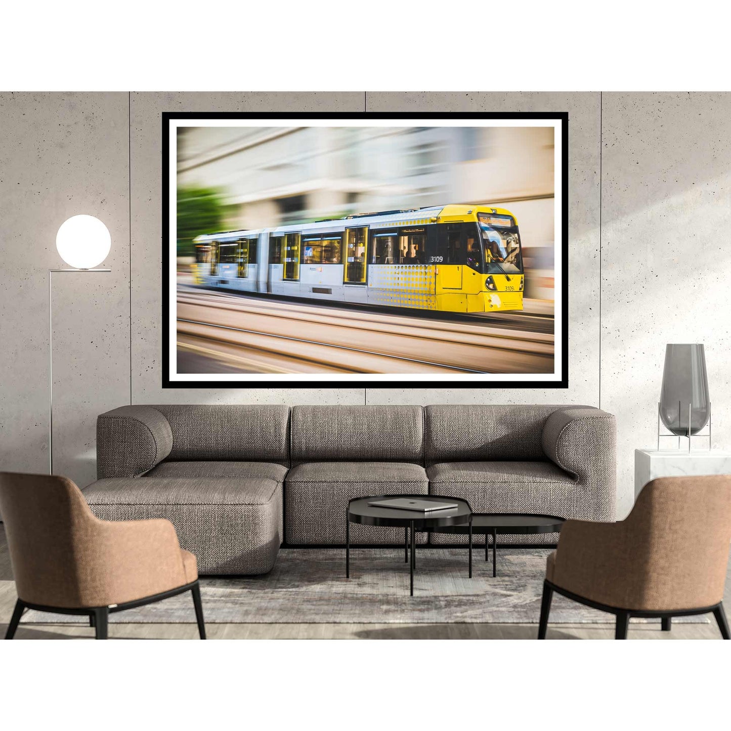 Richard Abram Photography - Photographic print of Manchester Tram with motion blur effect making the tram look like it is speeding, taken in Manchester, England, UK.