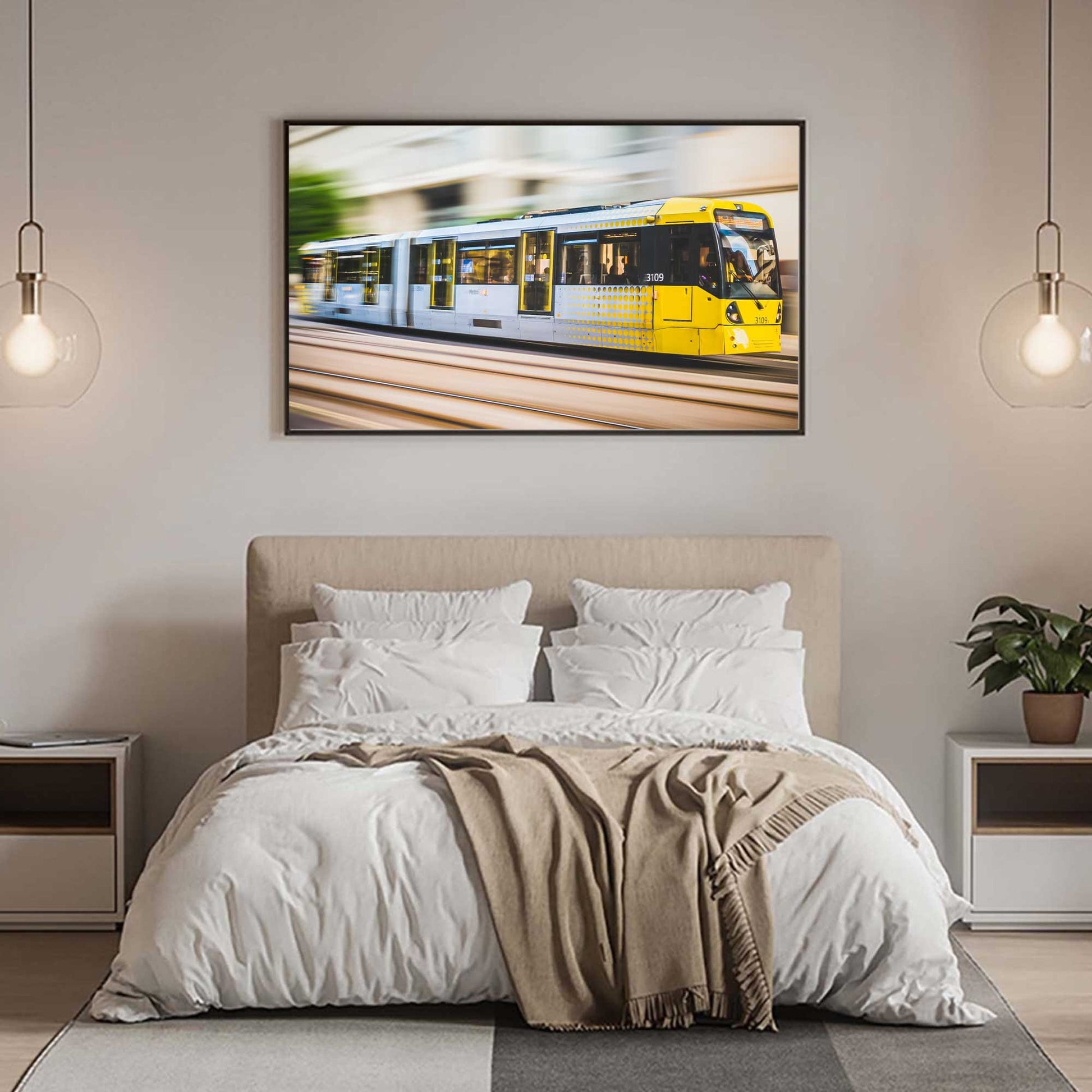 Richard Abram Photography - Photographic print of Manchester Tram with motion blur effect making the tram look like it is speeding, taken in Manchester, England, UK.
