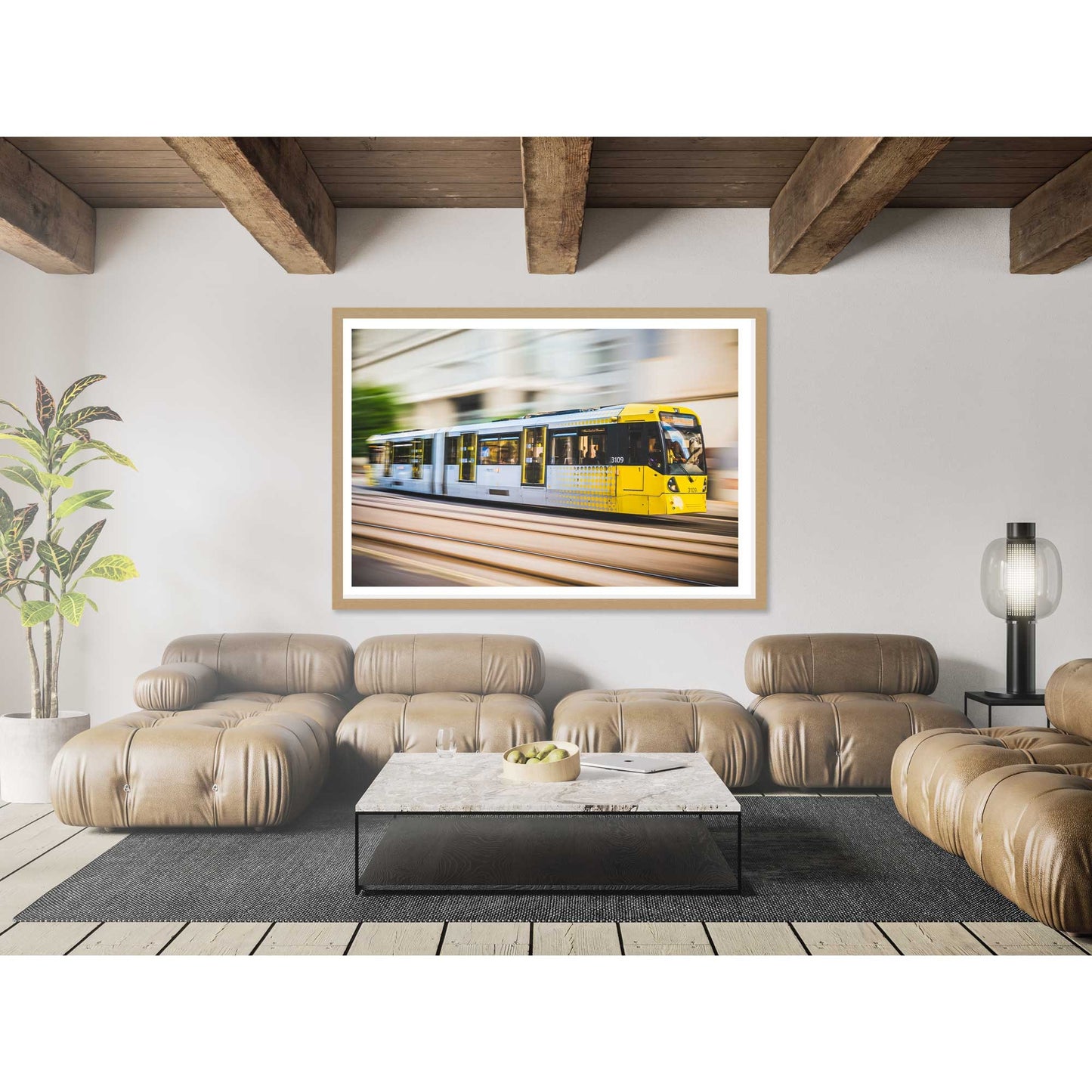 Richard Abram Photography - Photographic print of Manchester Tram with motion blur effect making the tram look like it is speeding, taken in Manchester, England, UK.