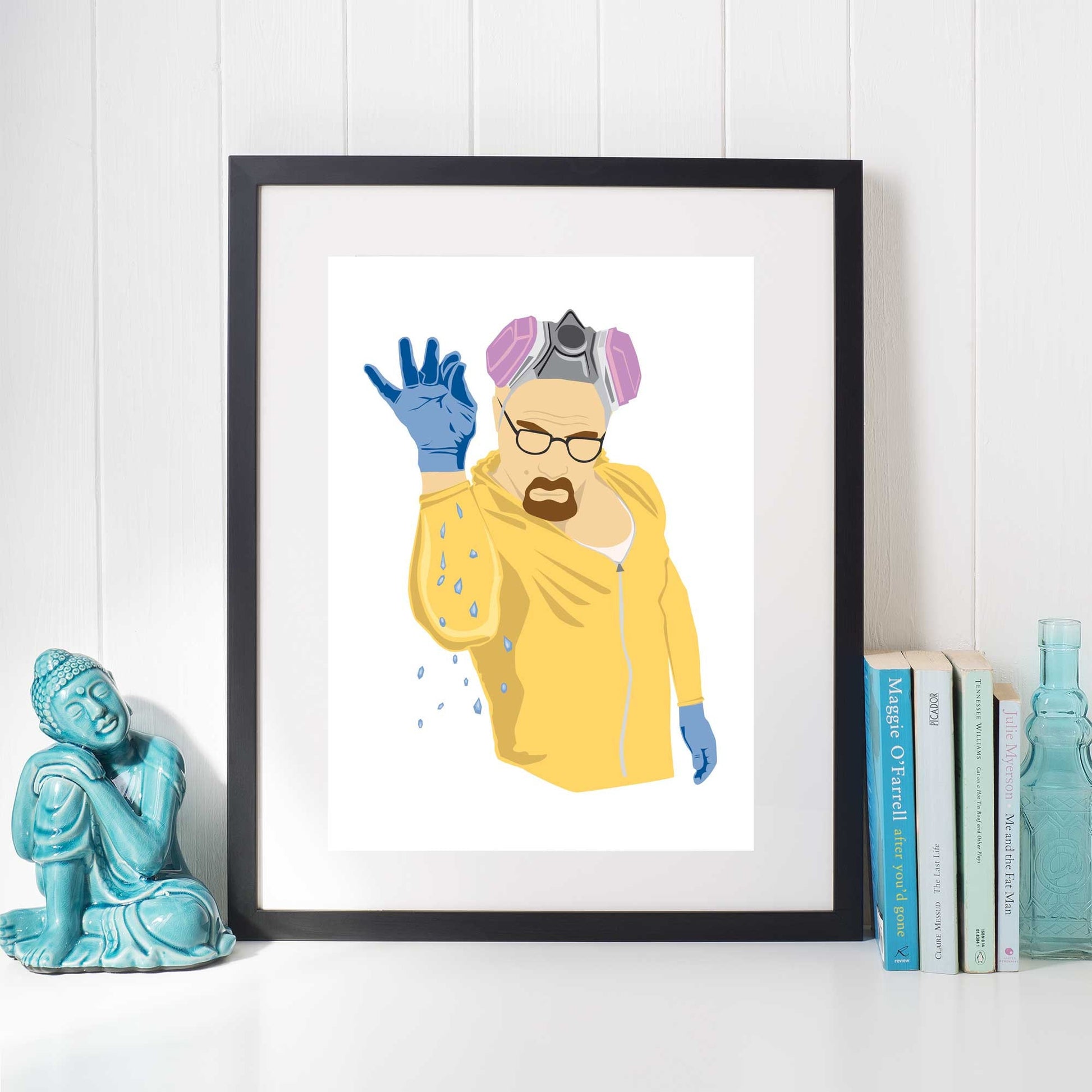 Richard Abram Illustration of Walter white from Breaking Bad in the style of Salt Bae, wearing a yellow jump suit sprinkling blue crystals. Illustration Digital Print, Wall Art, Minimalist. Displayed in a picture frame with objects around.