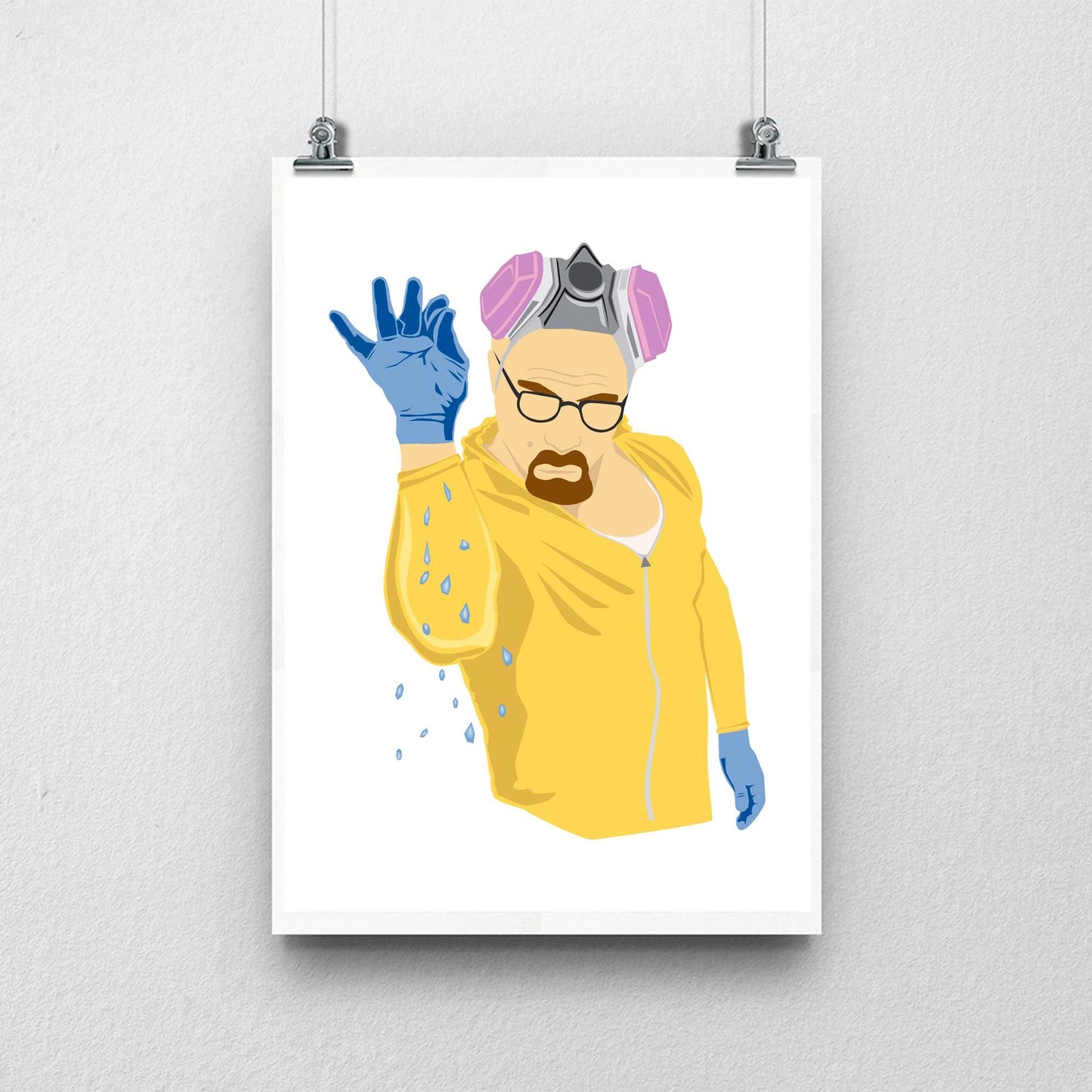 Richard Abram Illustration of Walter white from Breaking Bad in the style of Salt Bae, wearing a yellow jump suit sprinkling blue crystals. Illustration Digital Print, Wall Art, Minimalist. Displayed on a wall as a hanging poster.