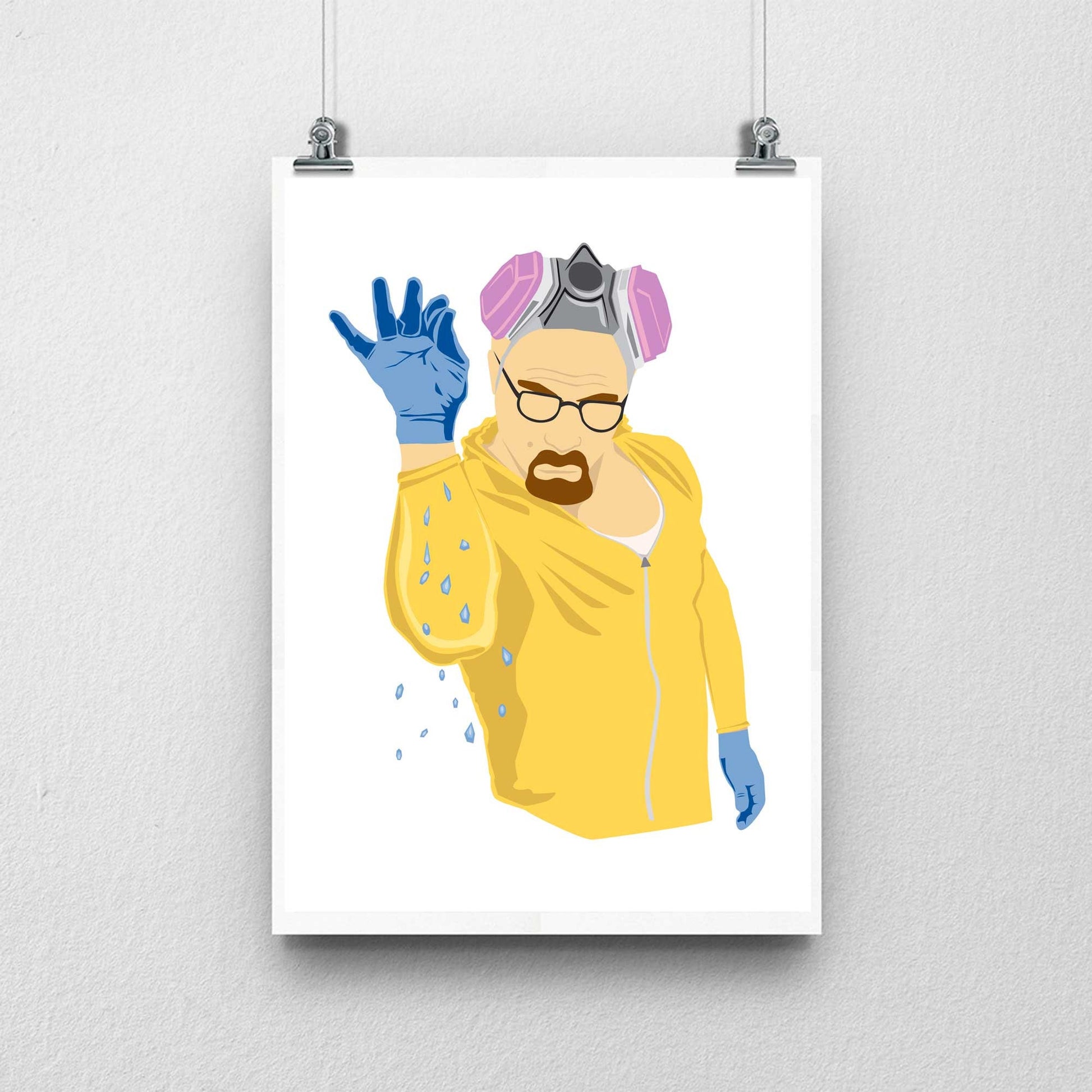 Richard Abram Illustration of Walter white from Breaking Bad in the style of Salt Bae, wearing a yellow jump suit sprinkling blue crystals. Illustration Digital Print, Wall Art, Minimalist. Displayed on a wall as a hanging poster.