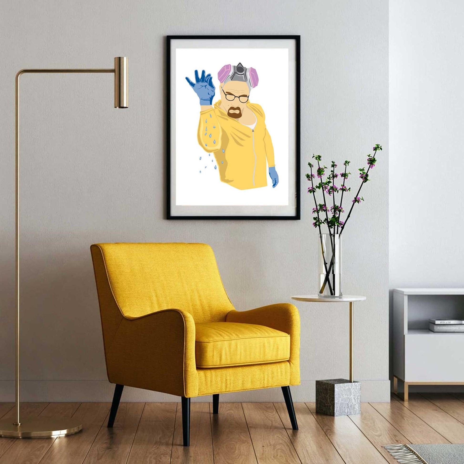 Richard Abram Illustration of Walter white from Breaking Bad in the style of Salt Bae, wearing a yellow jump suit sprinkling blue crystals. Illustration Digital Print, Wall Art, Minimalist. Displayed in a picture frame with objects around.