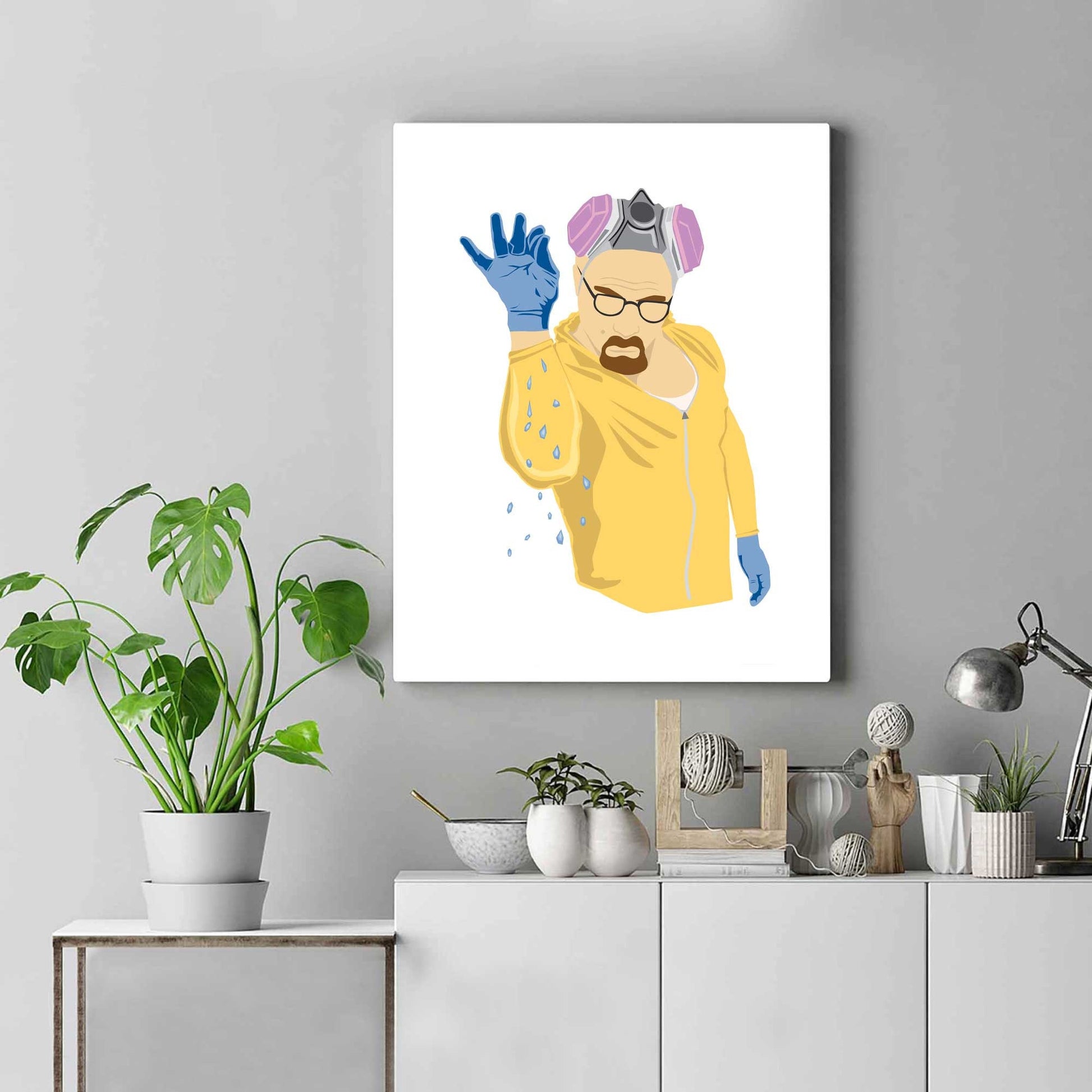 Richard Abram Illustration of Walter white from Breaking Bad in the style of Salt Bae, wearing a yellow jump suit sprinkling blue crystals. Illustration Digital Print, Wall Art, Minimalist. Displayed in a picture frame with objects around.