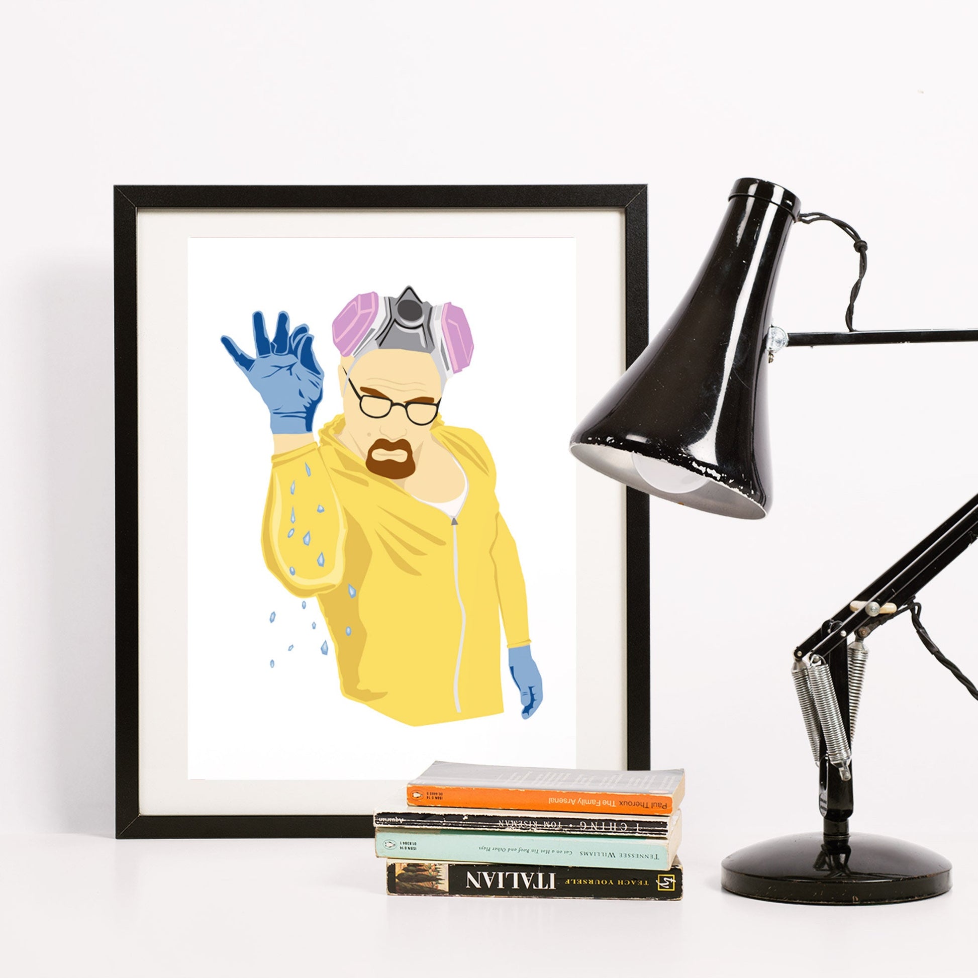 Richard Abram Illustration of Walter white from Breaking Bad in the style of Salt Bae, wearing a yellow jump suit sprinkling blue crystals. Illustration Digital Print, Wall Art, Minimalist. Displayed in a picture frame with objects around.