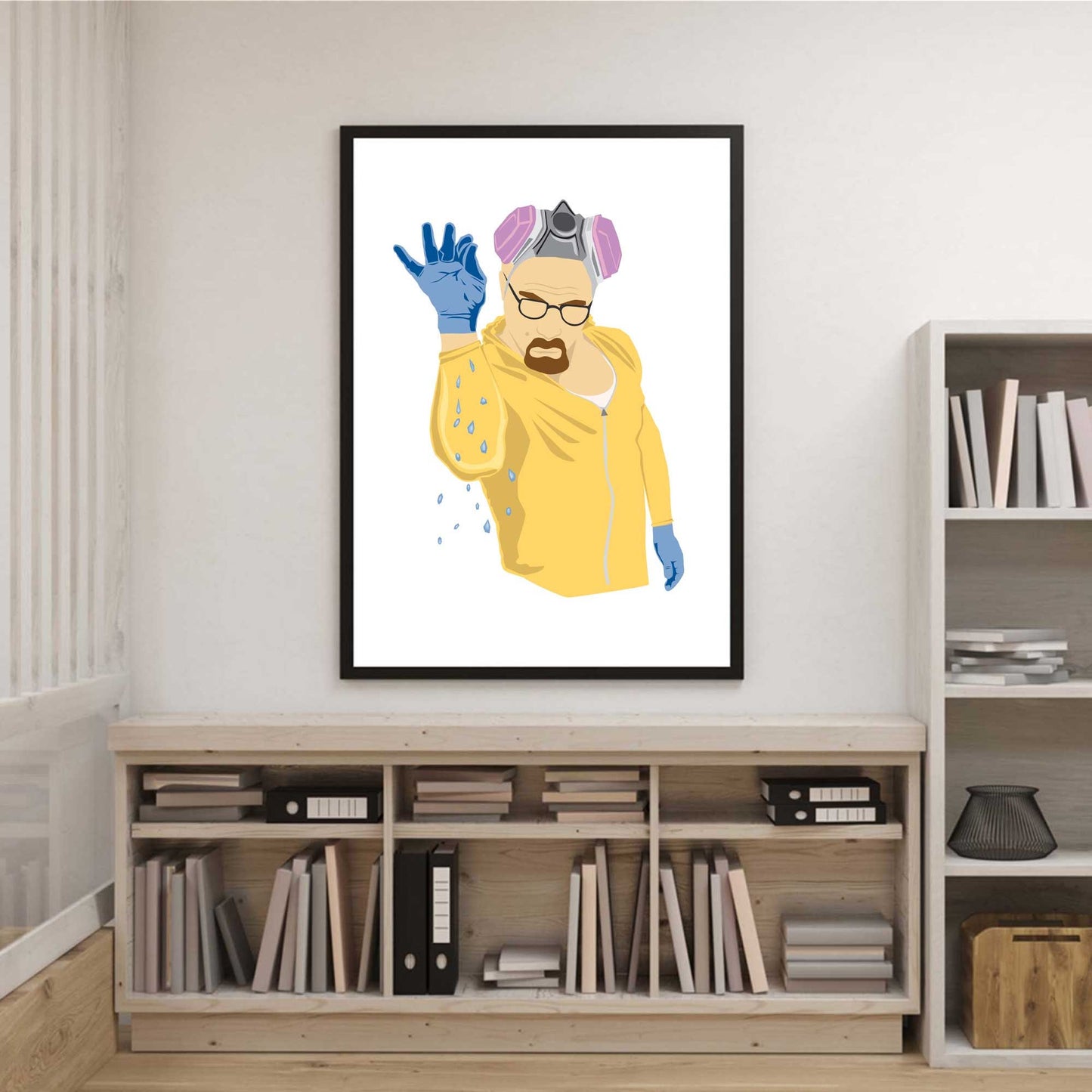 Richard Abram Illustration of Walter white from Breaking Bad in the style of Salt Bae, wearing a yellow jump suit sprinkling blue crystals. Illustration Digital Print, Wall Art, Minimalist. Displayed in a picture frame with objects around.