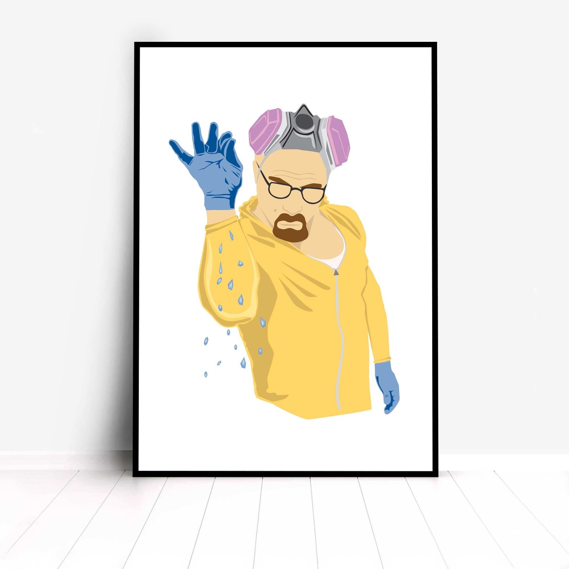 Richard Abram Illustration of Walter white from Breaking Bad in the style of Salt Bae, wearing a yellow jump suit sprinkling blue crystals. Illustration Digital Print, Wall Art, Minimalist. Displayed in a picture frame.