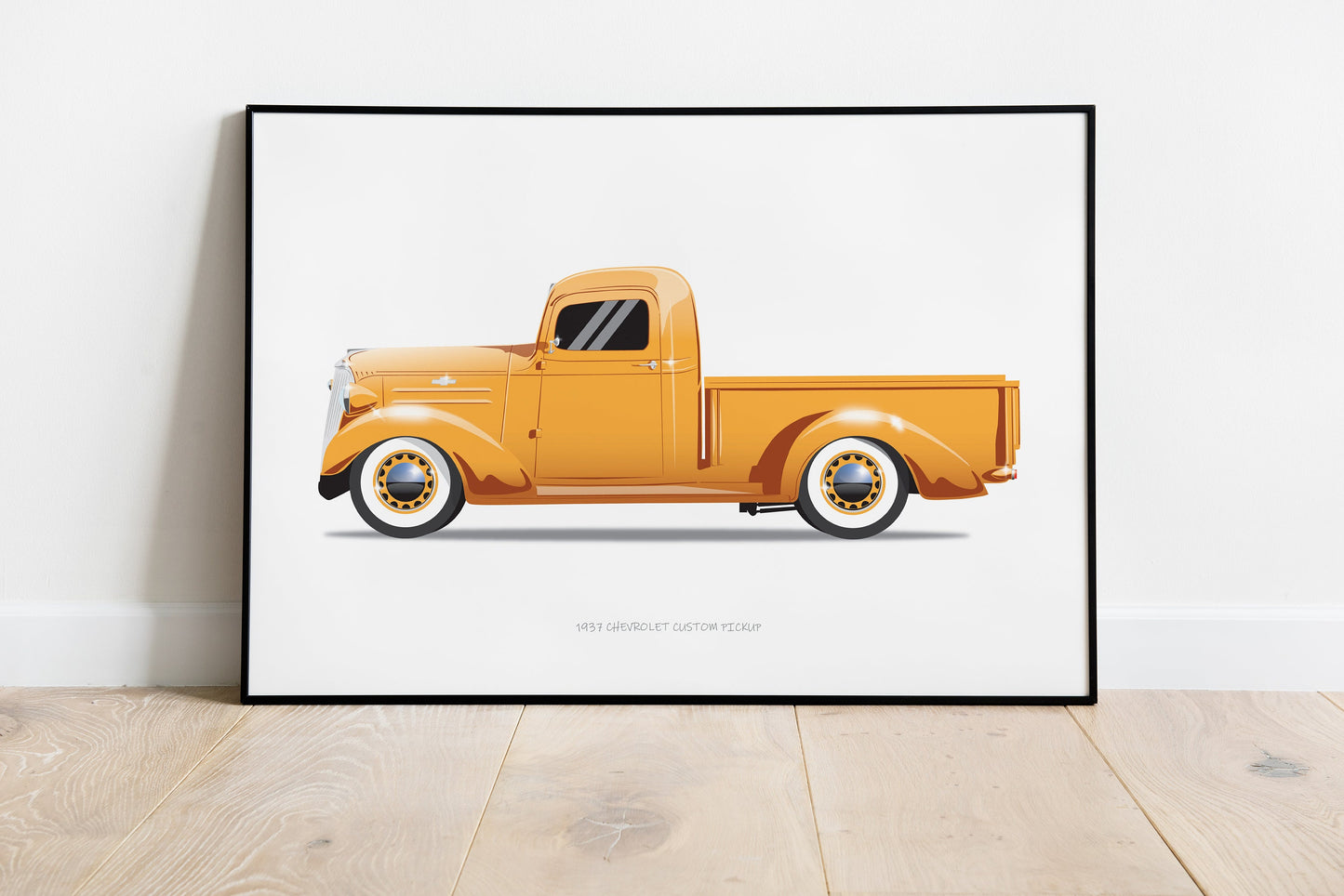 1937 Chevrolet Custom Pickup Car Illustration Colour Orange, Custom Car Poster, Car Portrait, Car Art, Vehicle, Truck Print