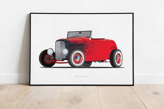 Car Illustration, Custom Car Poster 1932 FORD ROADSTER, Car Portrait, American Hot Rod, Gift For Car Lover