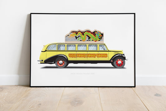 Big Trouble in Little China Egg Shen Tour Bus, 1936 White Model 706 Illustration, Vehicle Art, Vehicle Illustration