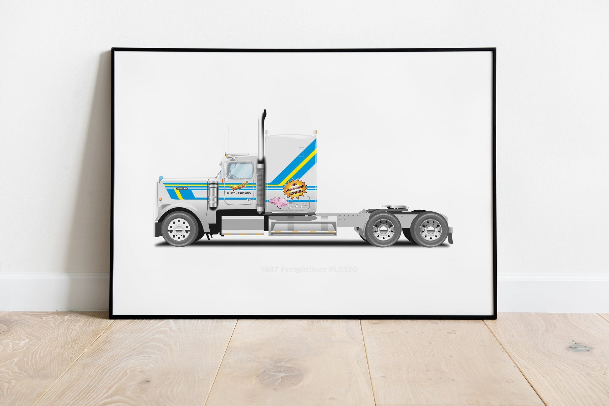 Big Trouble in Little China Pork Chop Express, 1987 Freightliner FLC120, Jack Burton Truck, Vehicle Illustration, Custom Car Art