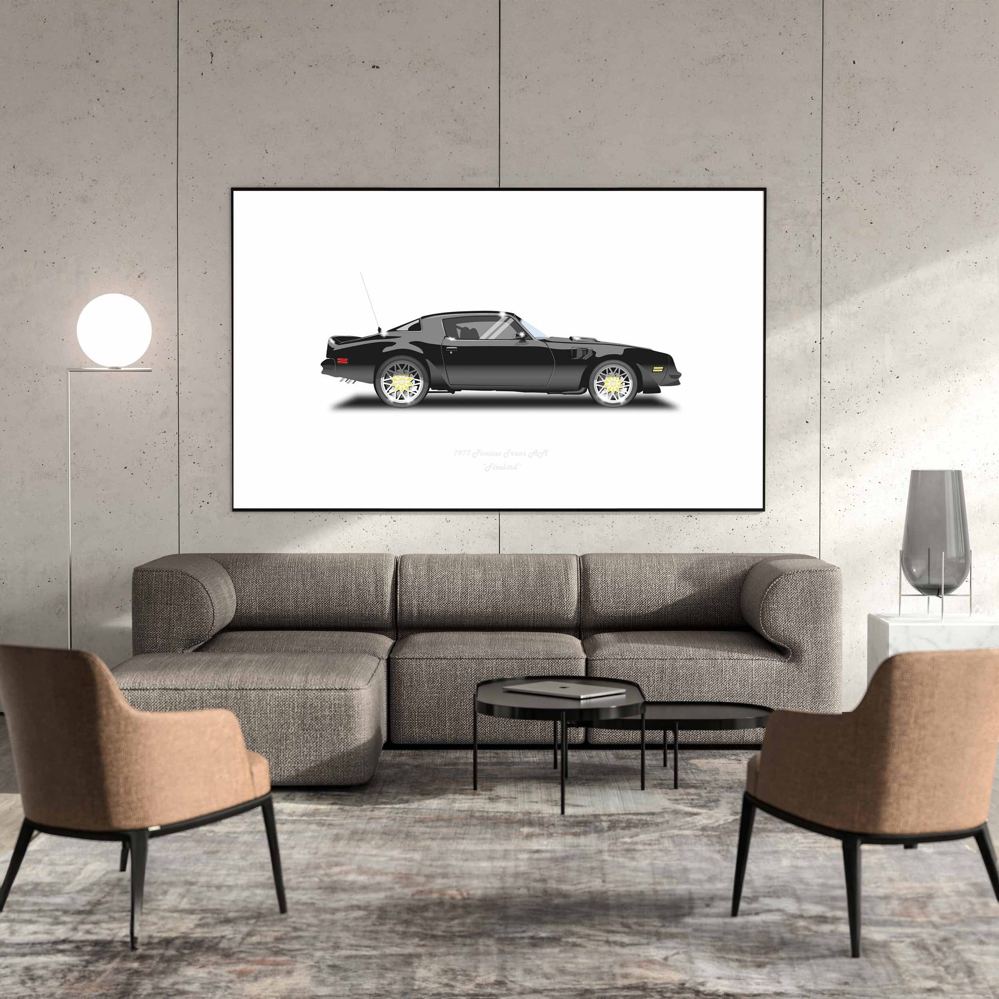 Smokey and the Bandit Trans AM car Illustration from the film featuring Burt Reynolds, a Pontiac Firebird classic car minimalist poster