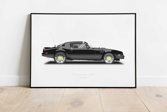 Smokey and the Bandit Trans AM car Illustration from the film featuring Burt Reynolds, a Pontiac Firebird classic car minimalist poster