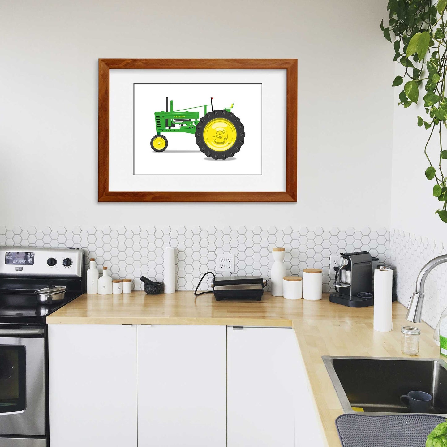 Green Vintage Tractor Illustration, 1947 John Deere B Tractor Digital Art Print, Farming poster, perfect for the farm or home