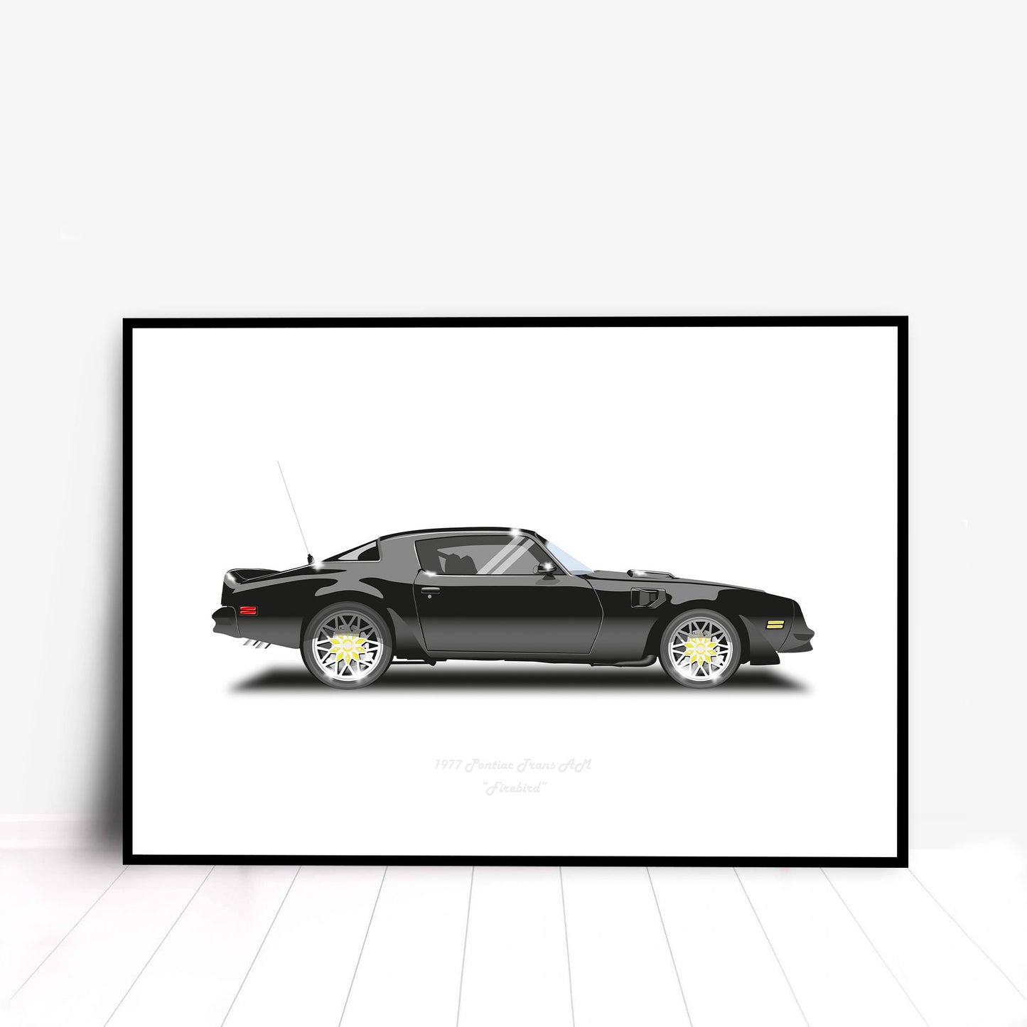 Smokey and the Bandit Trans AM car Illustration from the film featuring Burt Reynolds, a Pontiac Firebird classic car minimalist poster
