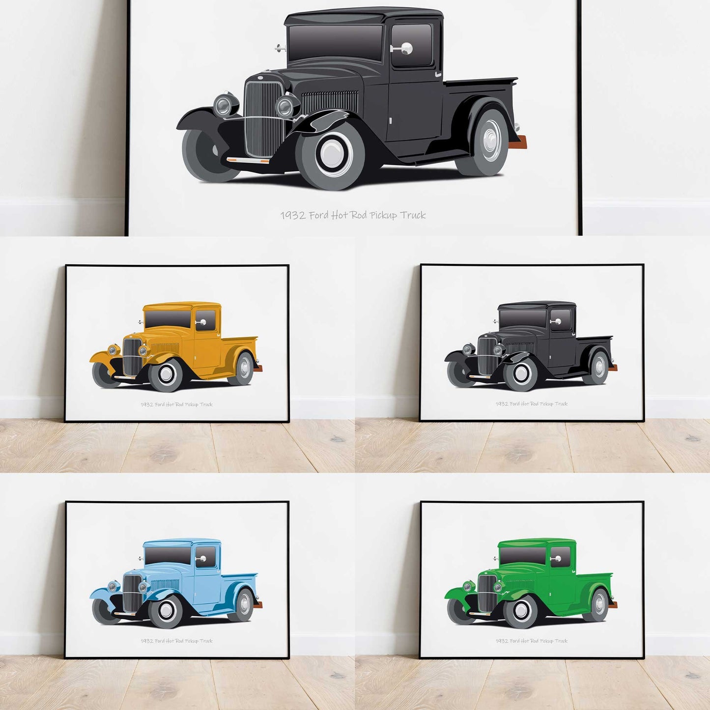 Car Illustration, Custom Car Poster, 1932 Ford Hot Rod Pickup Car Portrait, Car Art, Vehicle, Truck Print