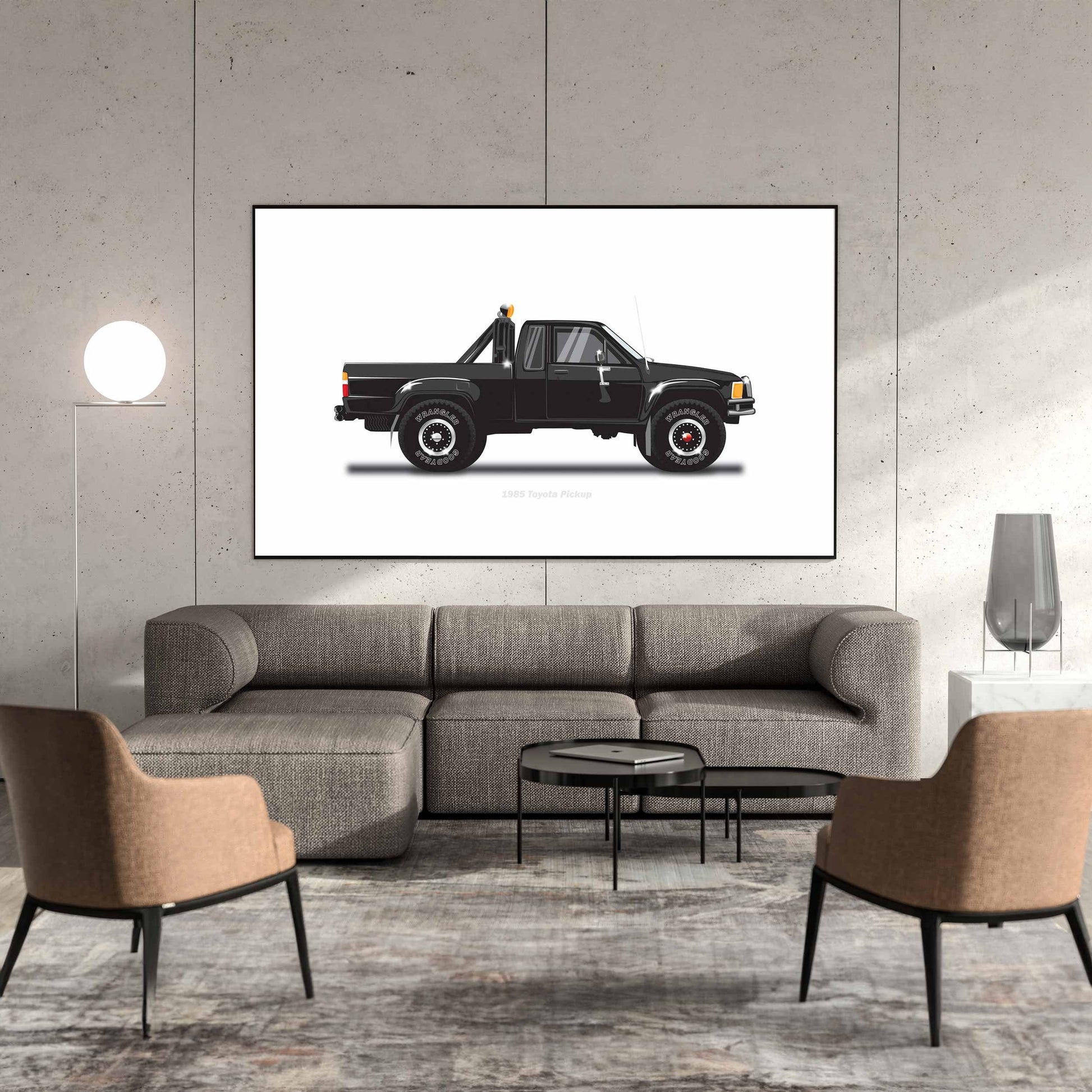 Back to the Future famous movie car, 1985 Toyota Pickup Car Illustration as featured in the film, Minimalist Movie Car Poster Art