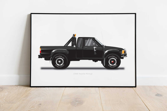 Back to the Future famous movie car, 1985 Toyota Pickup Car Illustration as featured in the film, Minimalist Movie Car Poster Art