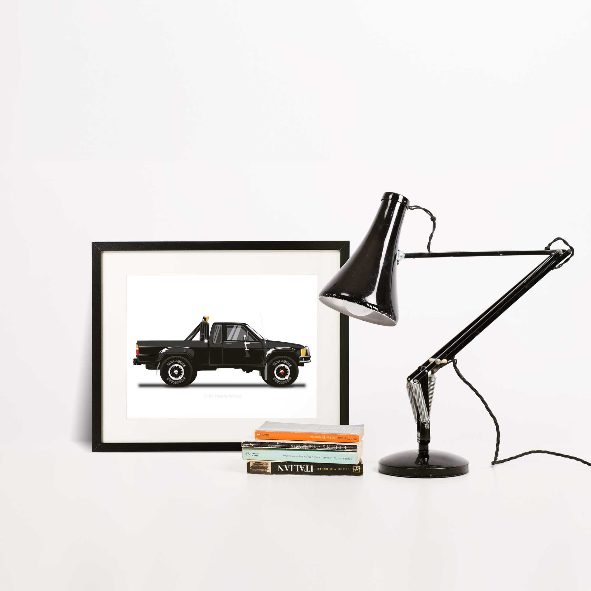 Back to the Future famous movie car, 1985 Toyota Pickup Car Illustration as featured in the film, Minimalist Movie Car Poster Art