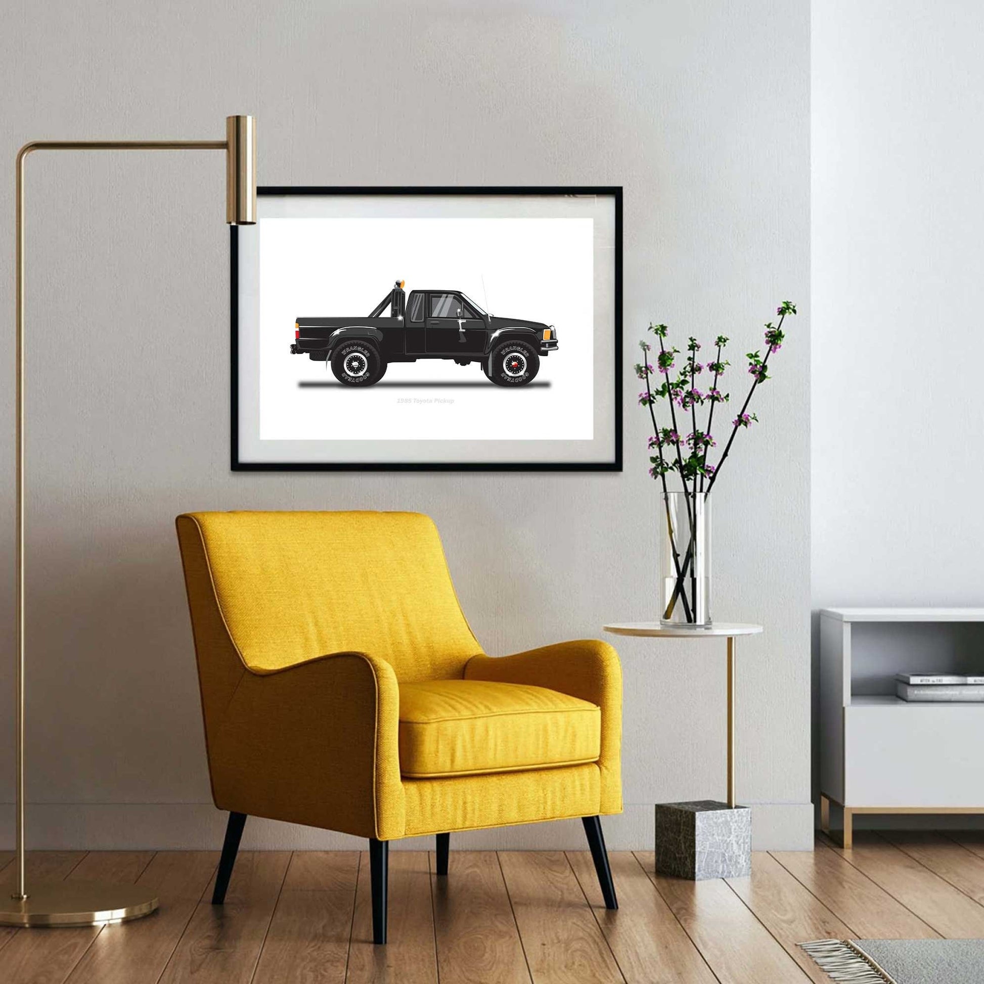 Back to the Future famous movie car, 1985 Toyota Pickup Car Illustration as featured in the film, Minimalist Movie Car Poster Art