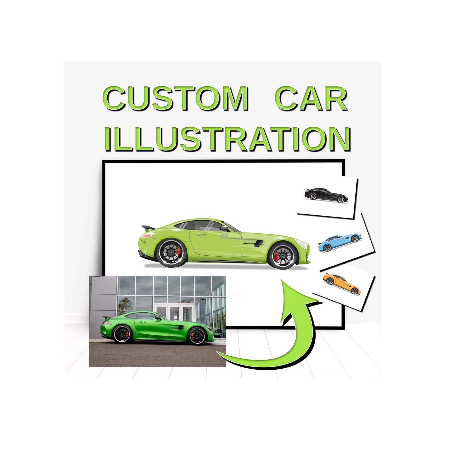 Get your car custom illustrated. The image shows a car photographed side on. There is an arrow pointing to an illustrated version of the car. Next to it are a selection of different examples of colours on the car.