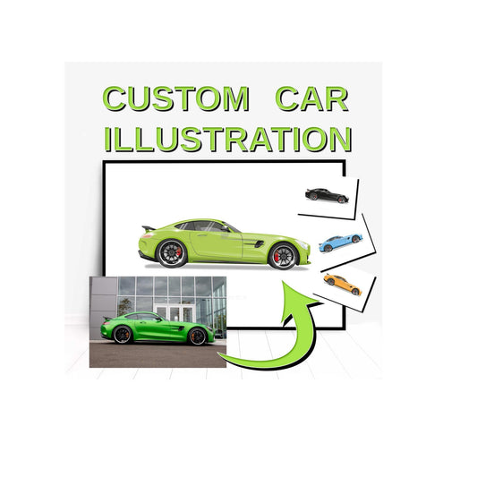 Get your car custom illustrated. The image shows a car photographed side on. There is an arrow pointing to an illustrated version of the car. Next to it are a selection of different examples of colours on the car.