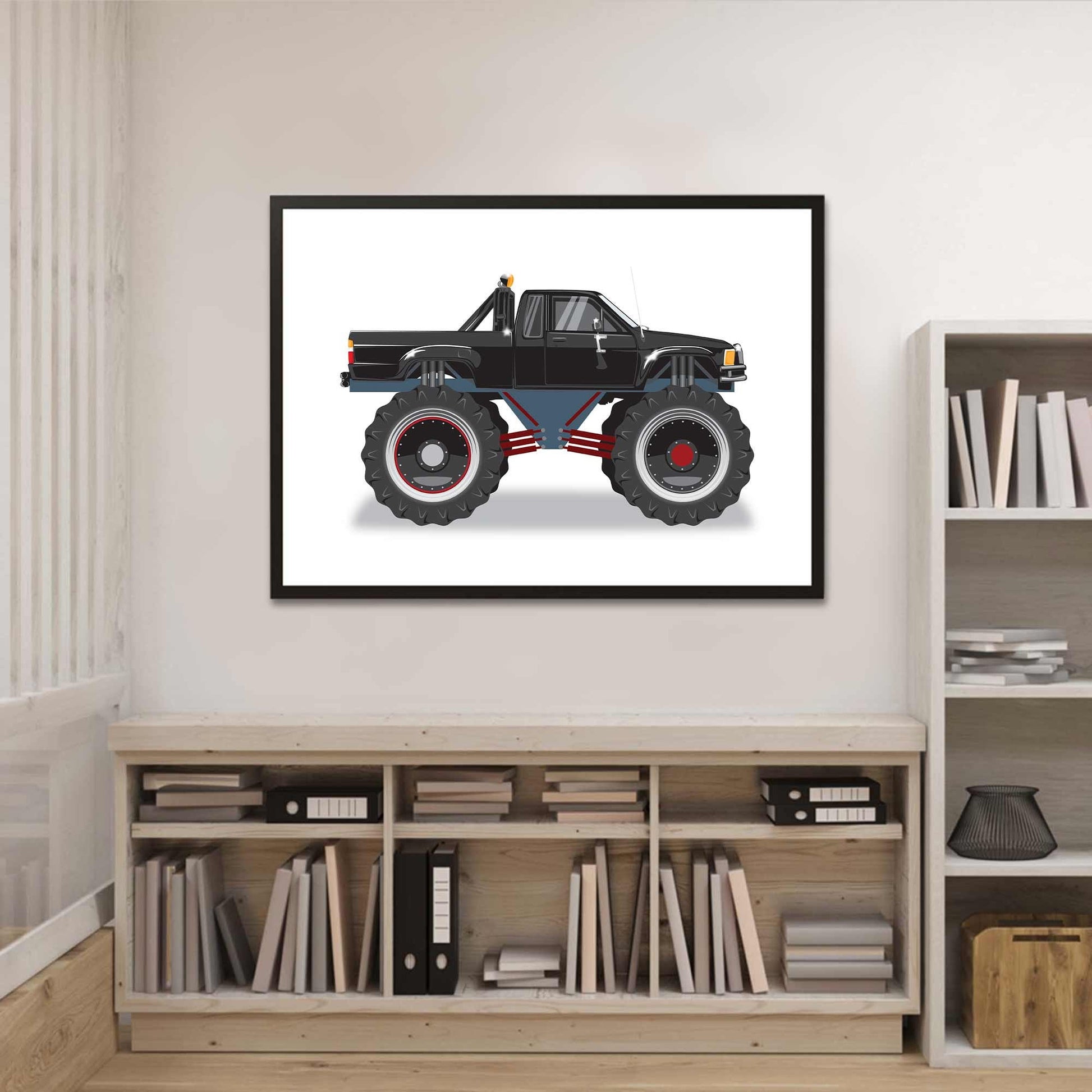 Custom Car Illustration, Monster Truck Themed Back to the Future Digital Art, Toyota Pickup Car Illustration, Minimalist Car Poster Art