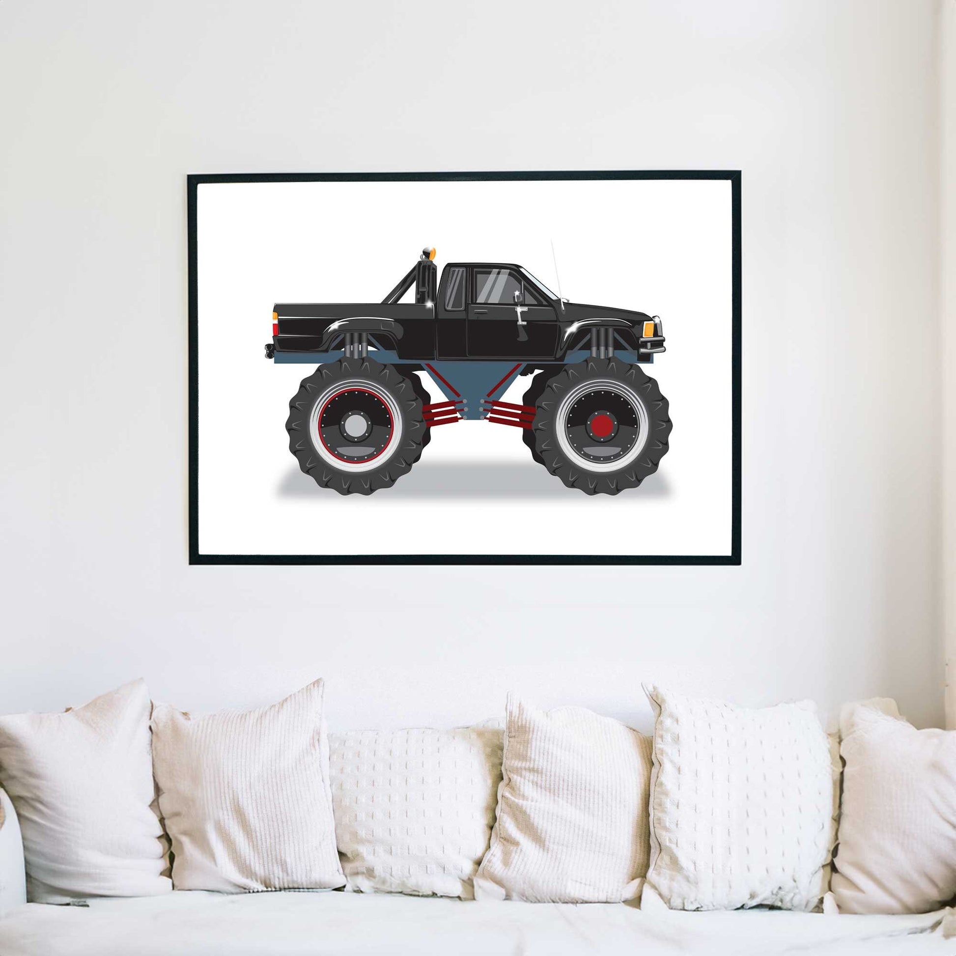 Custom Car Illustration, Monster Truck Themed Back to the Future Digital Art, Toyota Pickup Car Illustration, Minimalist Car Poster Art