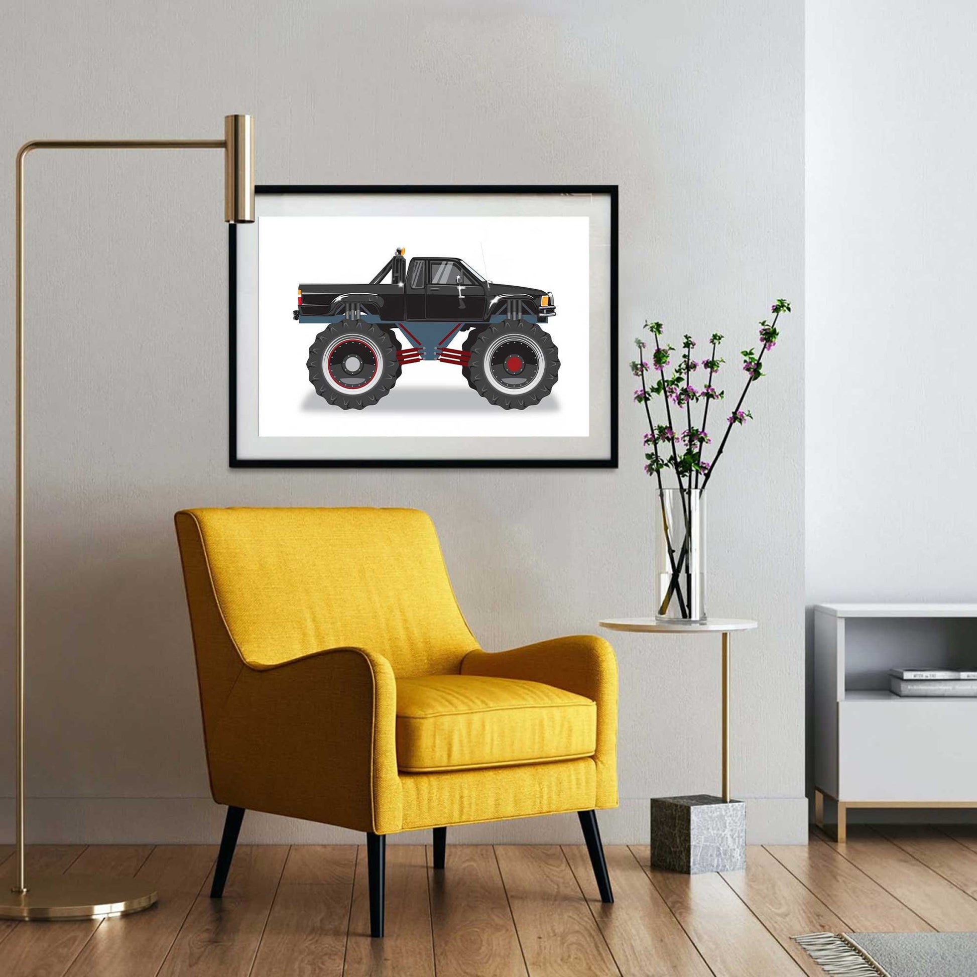 Custom Car Illustration, Monster Truck Themed Back to the Future Digital Art, Toyota Pickup Car Illustration, Minimalist Car Poster Art