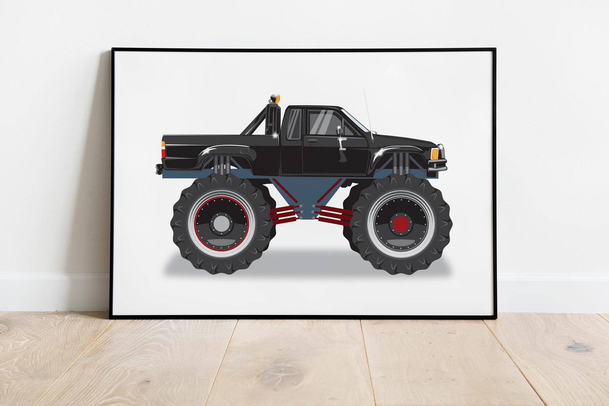 Custom Car Illustration, Monster Truck Themed Back to the Future Digital Art, Toyota Pickup Car Illustration, Minimalist Car Poster Art