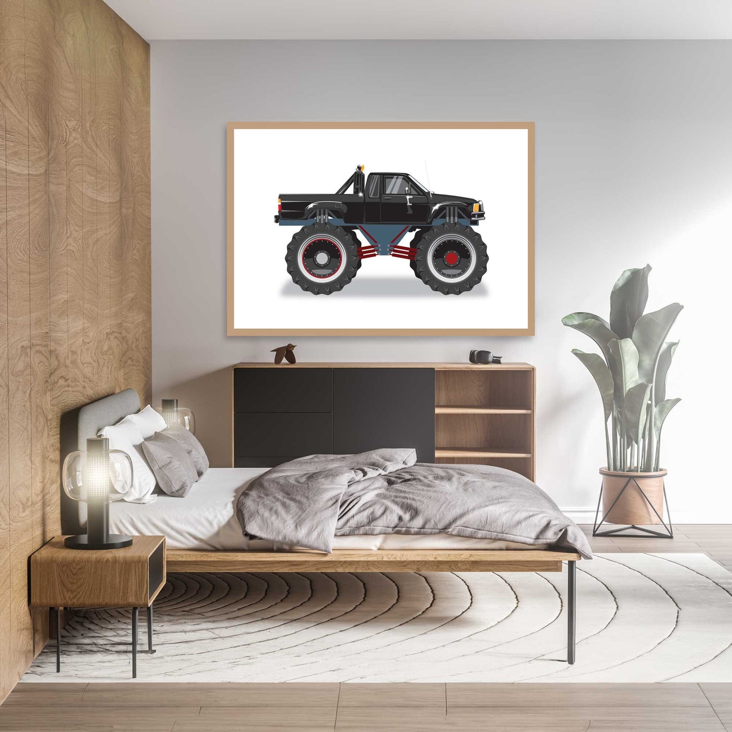 Custom Car Illustration, Monster Truck Themed Back to the Future Digital Art, Toyota Pickup Car Illustration, Minimalist Car Poster Art
