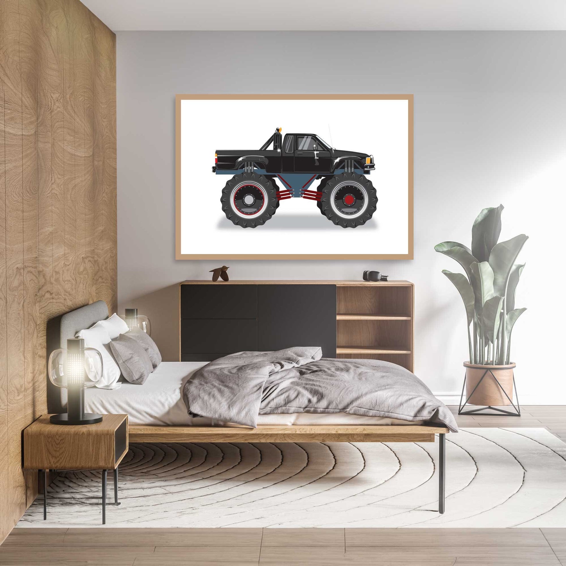 Custom Car Illustration, Monster Truck Themed Back to the Future Digital Art, Toyota Pickup Car Illustration, Minimalist Car Poster Art