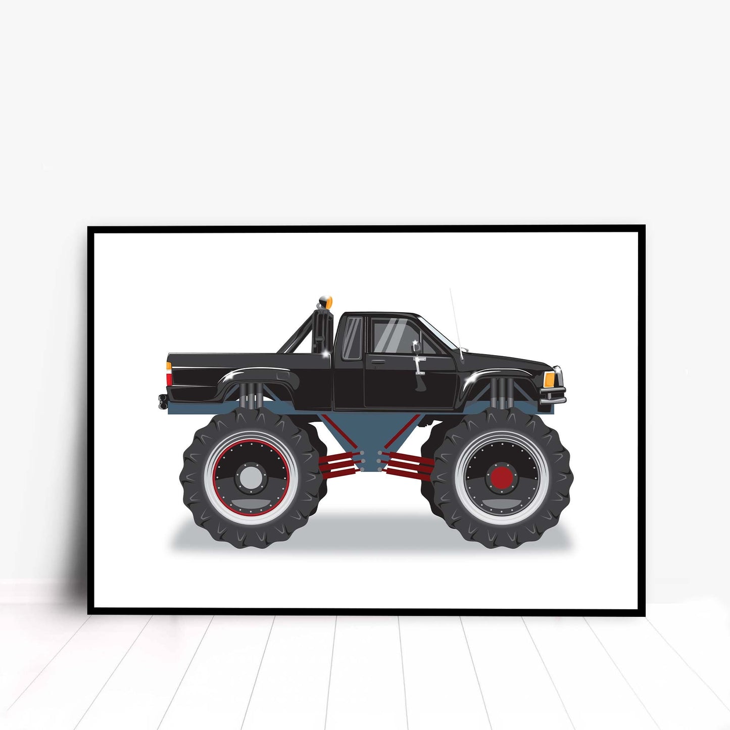 Custom Car Illustration, Monster Truck Themed Back to the Future Digital Art, Toyota Pickup Car Illustration, Minimalist Car Poster Art