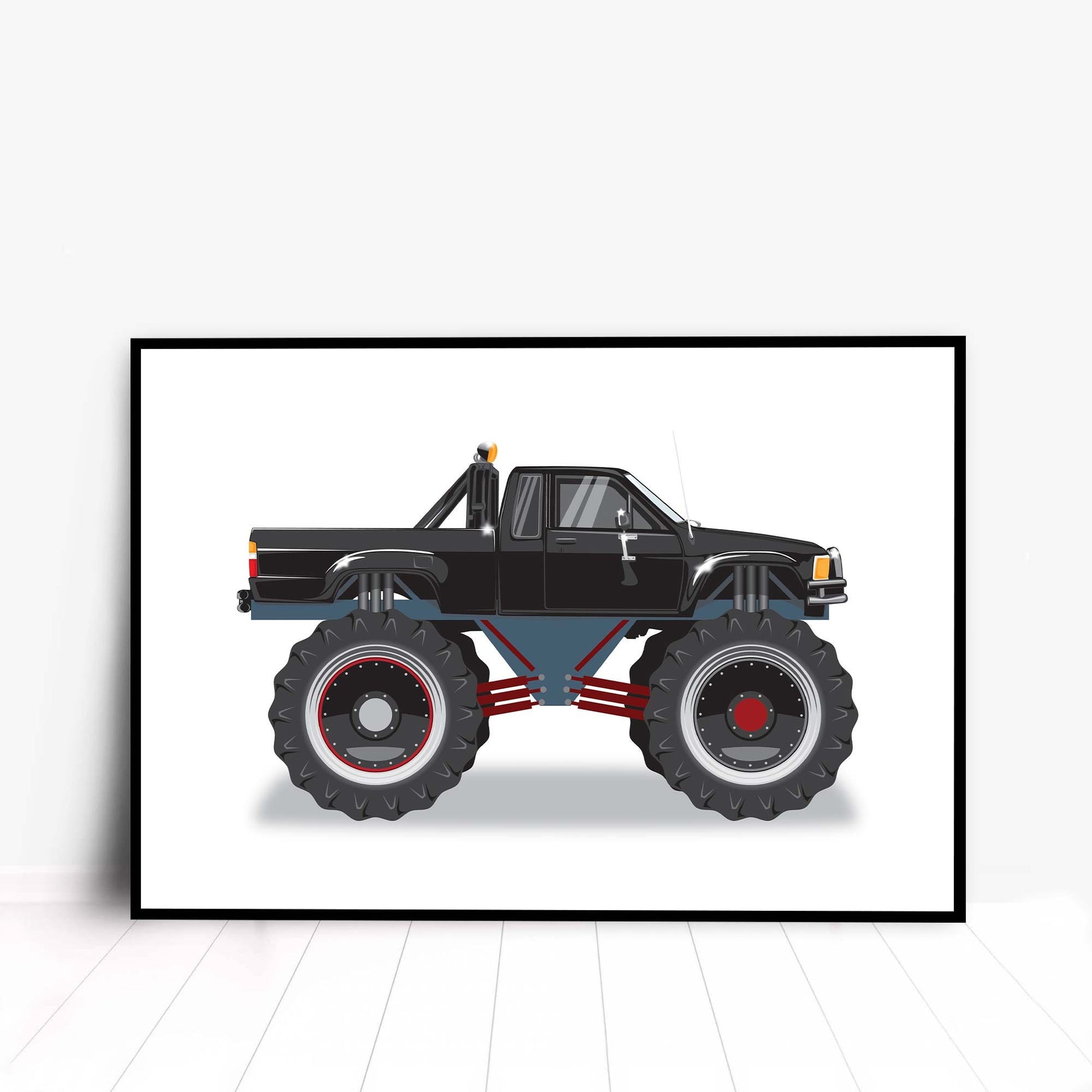 Custom Car Illustration, Monster Truck Themed Back to the Future Digital Art, Toyota Pickup Car Illustration, Minimalist Car Poster Art