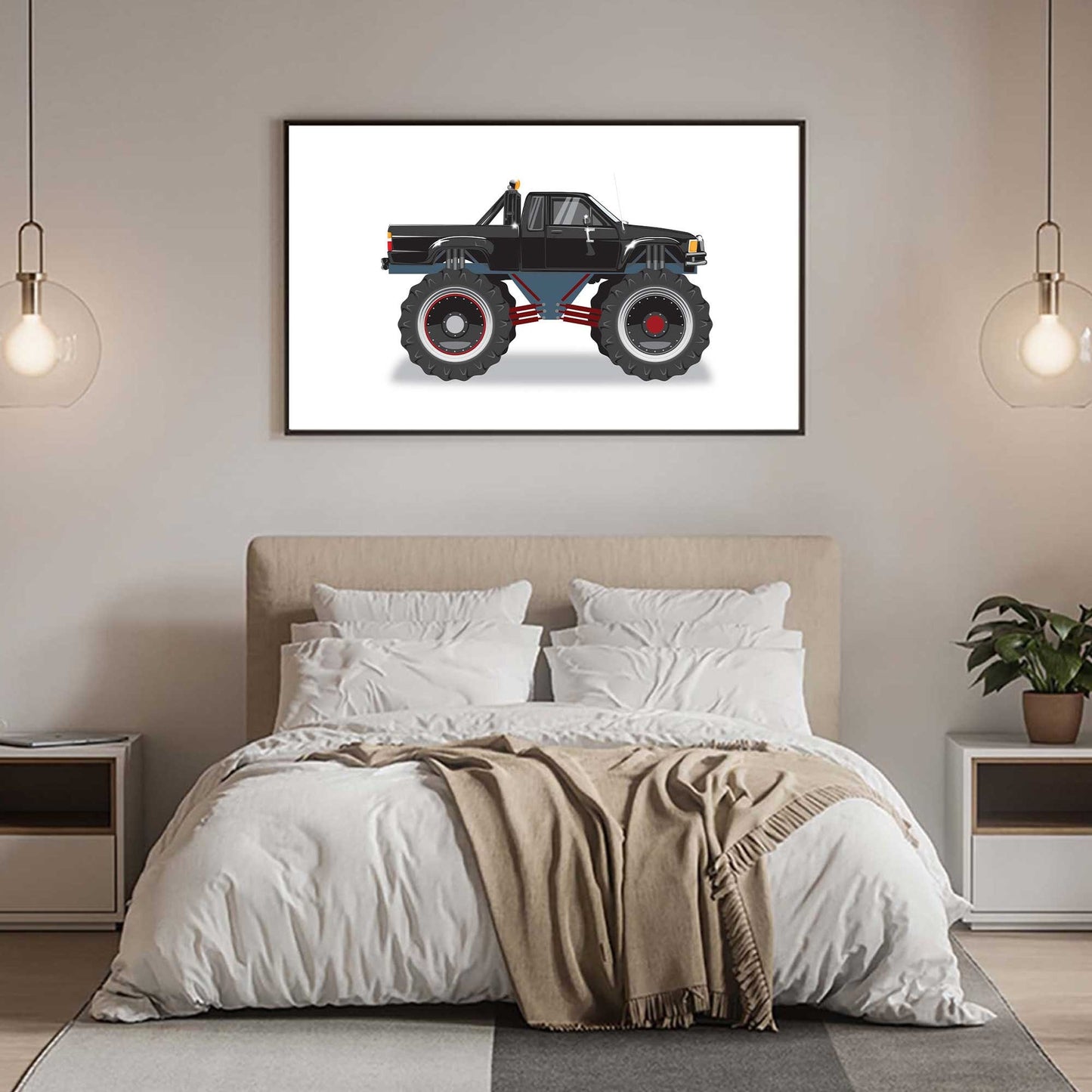 Custom Car Illustration, Monster Truck Themed Back to the Future Digital Art, Toyota Pickup Car Illustration, Minimalist Car Poster Art