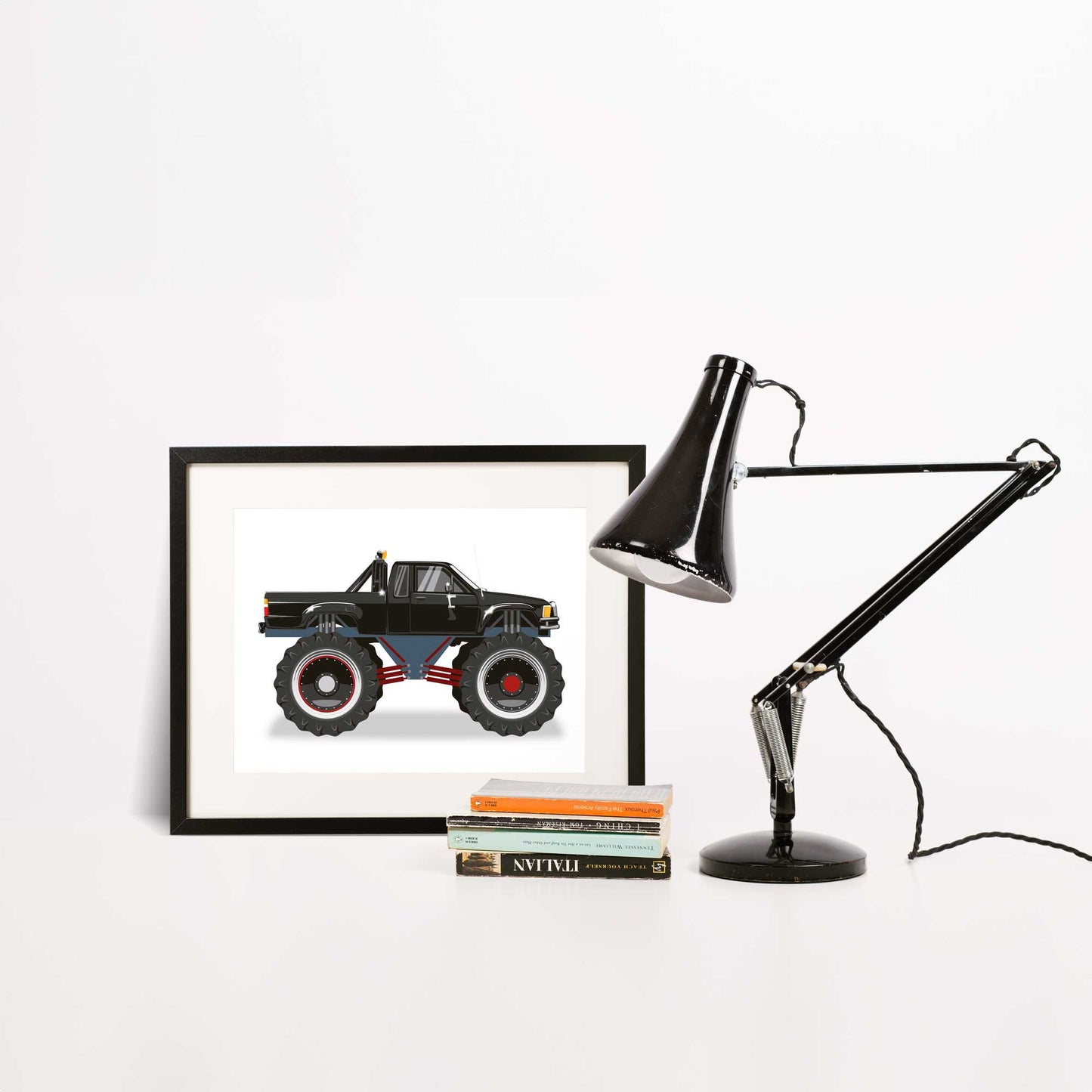 Custom Car Illustration, Monster Truck Themed Back to the Future Digital Art, Toyota Pickup Car Illustration, Minimalist Car Poster Art