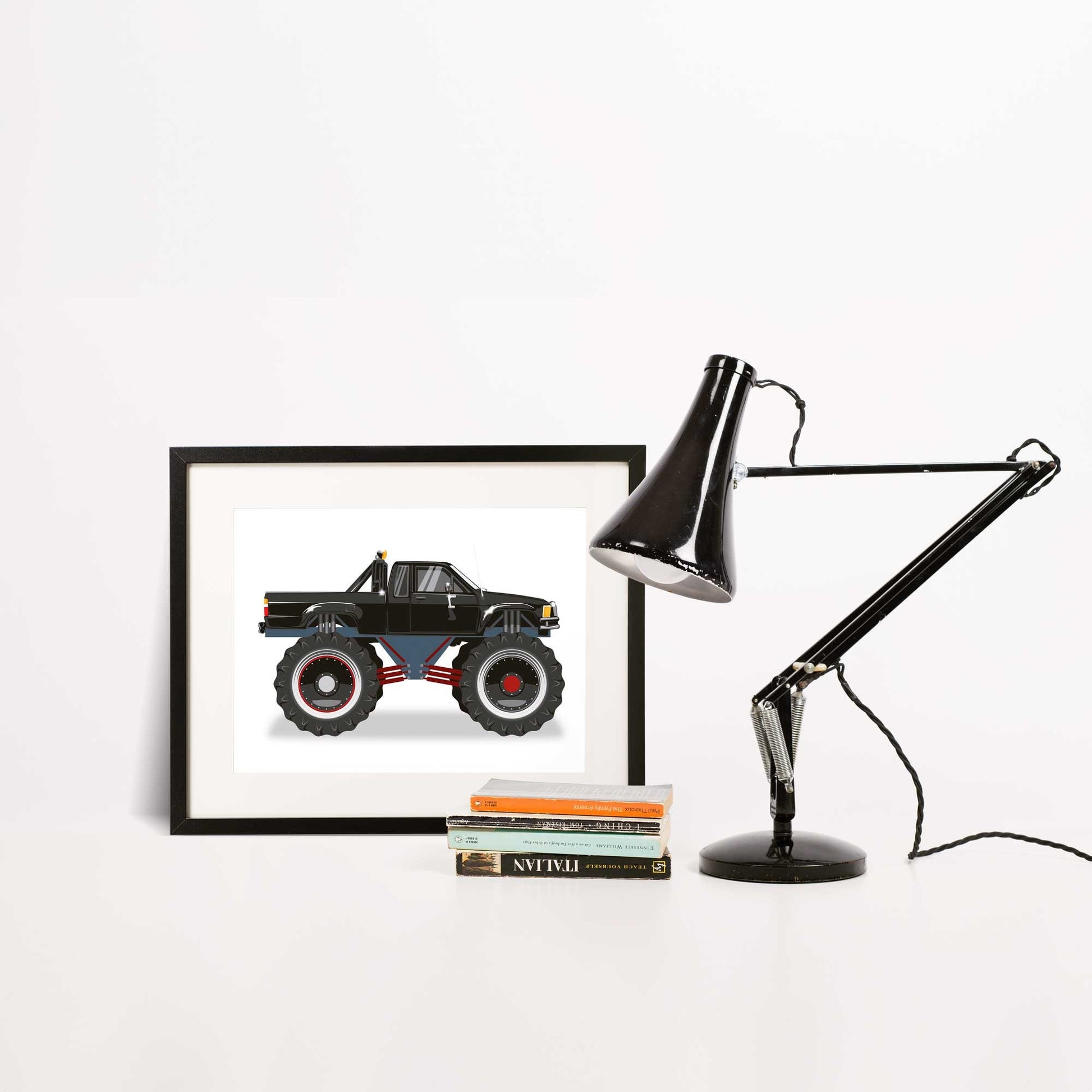 Custom Car Illustration, Monster Truck Themed Back to the Future Digital Art, Toyota Pickup Car Illustration, Minimalist Car Poster Art