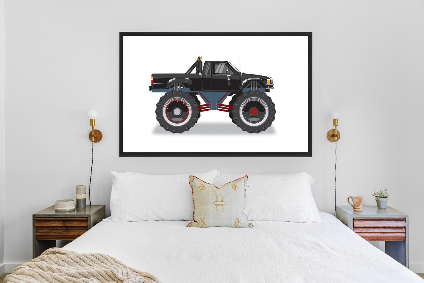 Custom Car Illustration, Monster Truck Themed Back to the Future Digital Art, Toyota Pickup Car Illustration, Minimalist Car Poster Art