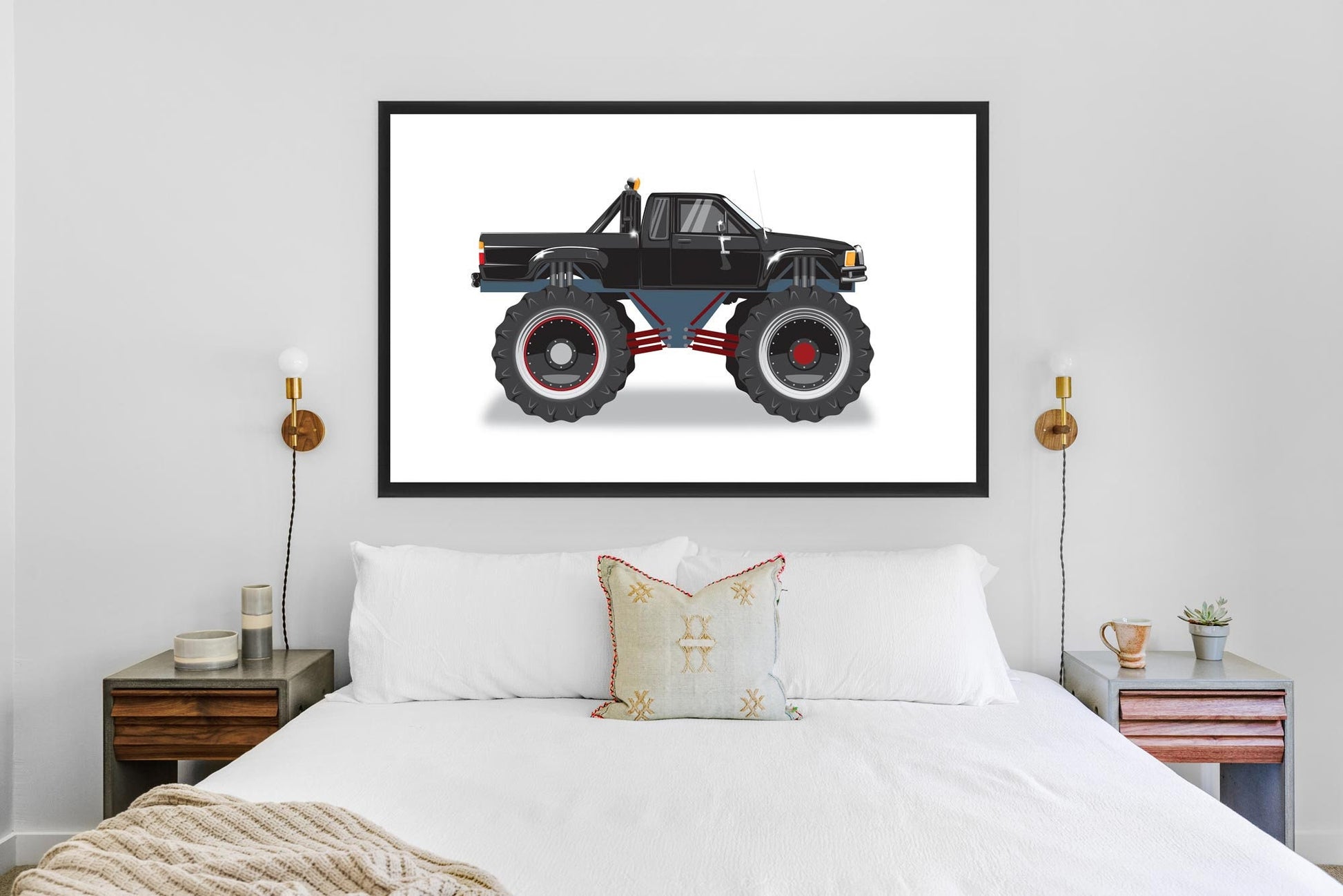 Custom Car Illustration, Monster Truck Themed Back to the Future Digital Art, Toyota Pickup Car Illustration, Minimalist Car Poster Art